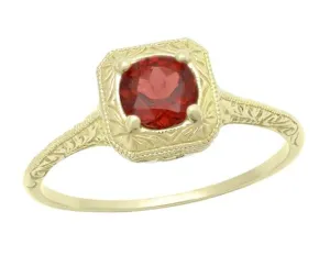 14 Karat Yellow Gold Art Deco Engraved Scrolls Filigree Almandine Garnet Engagement Ring