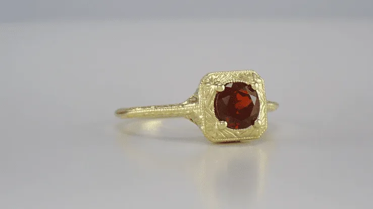 14 Karat Yellow Gold Art Deco Engraved Scrolls Filigree Almandine Garnet Engagement Ring
