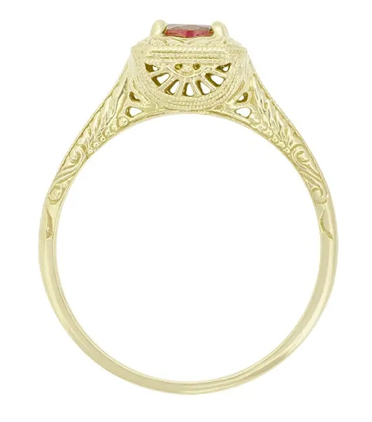 14 Karat Yellow Gold Art Deco Engraved Scrolls Filigree Almandine Garnet Engagement Ring