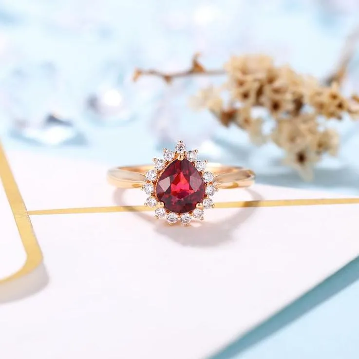 14k Rose Gold Pear Cut Garnet Diamond Halo Engagement Ring