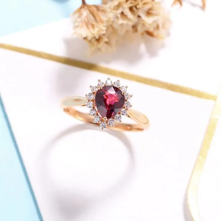 14k Rose Gold Pear Cut Garnet Diamond Halo Engagement Ring