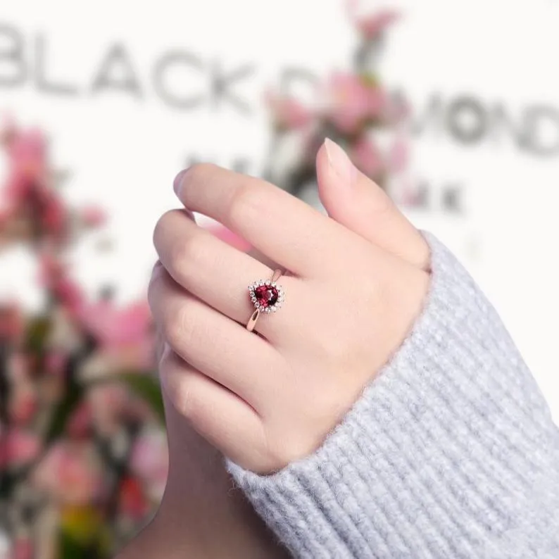 14k Rose Gold Pear Cut Garnet Diamond Halo Engagement Ring