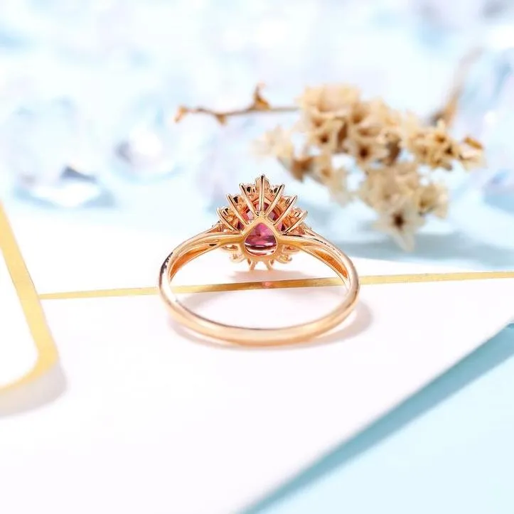 14k Rose Gold Pear Cut Garnet Diamond Halo Engagement Ring