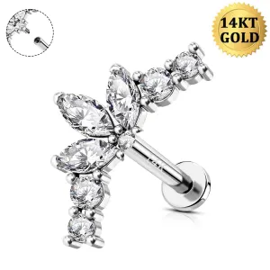 14K Solid White Gold 16G Flower Petal CZ Internally Threaded Cartilage Stud