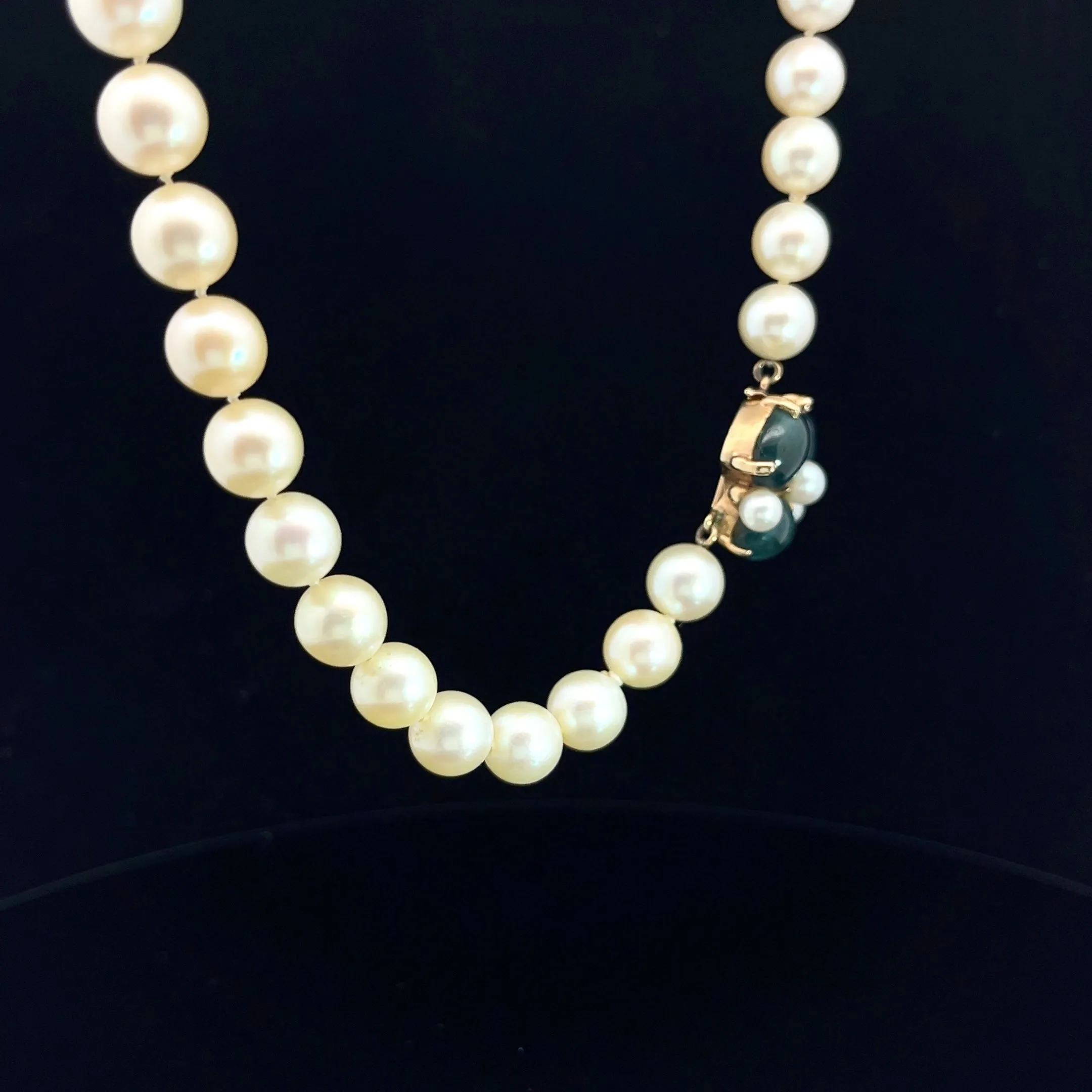 14k Yellow Gold 40 Drilled Akoya Pearls 8mm / (3) Green-Blue Oval Cabochons Necklace Certified By GIA # 5181657594