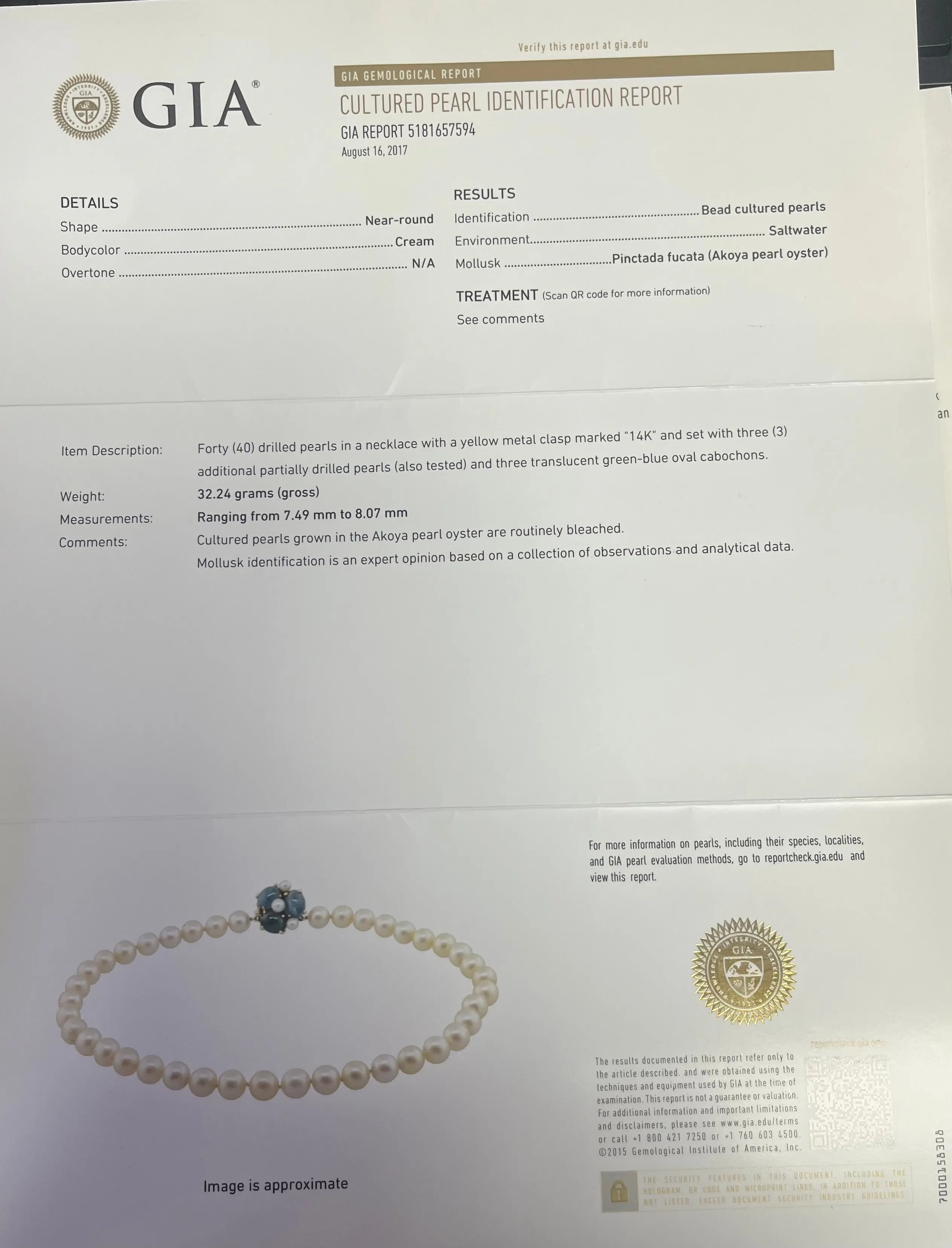 14k Yellow Gold 40 Drilled Akoya Pearls 8mm / (3) Green-Blue Oval Cabochons Necklace Certified By GIA # 5181657594