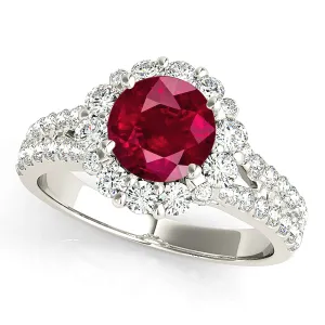 1.80  ct. Genuine Ruby Ring With Floral Halo And Small V Split Shank