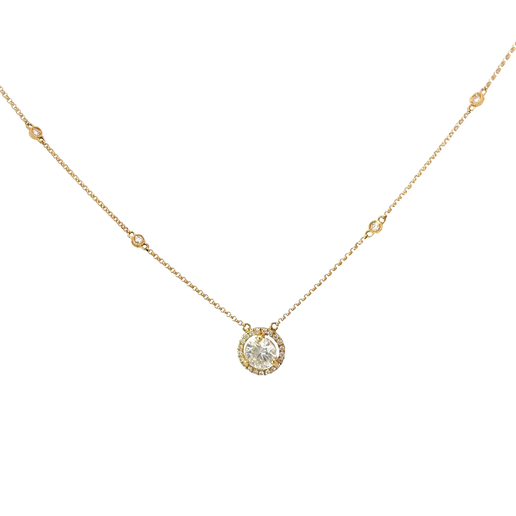 18k Yellow Gold .97ct G SI1 Center Round Diamond and along Halo .25ct G SI1 Round Diamond Solitaire Necklace