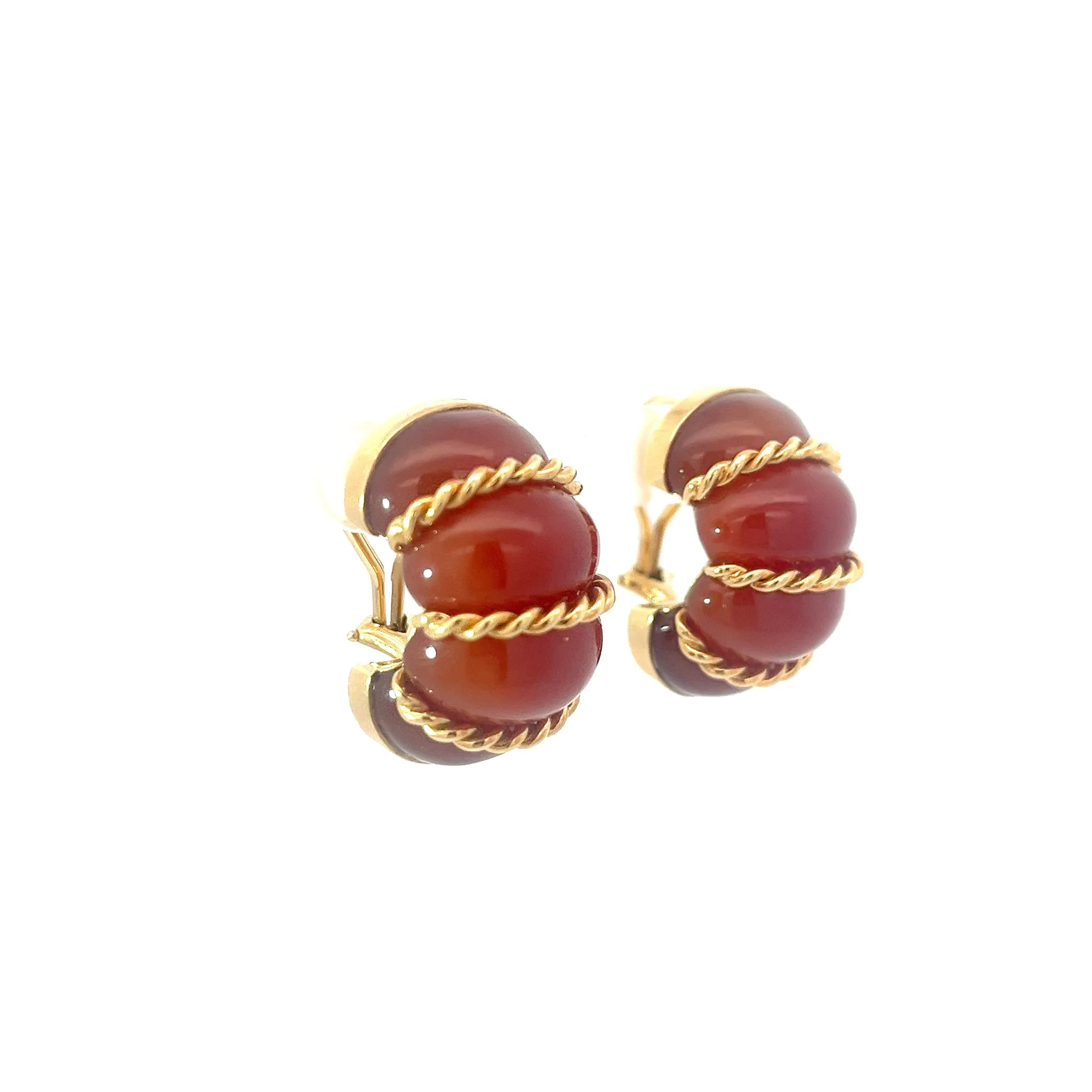 18K Yellow Gold Vintage Carnelian Hoop Earrings Design By Seaman Schepps