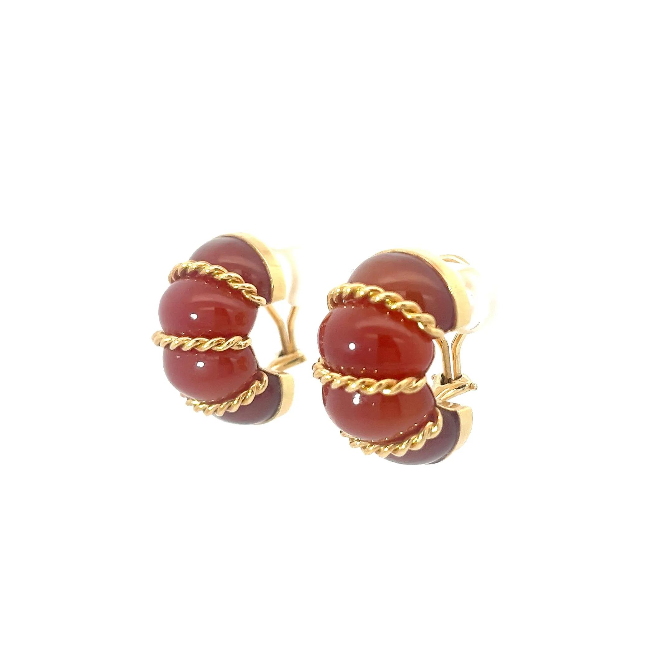 18K Yellow Gold Vintage Carnelian Hoop Earrings Design By Seaman Schepps