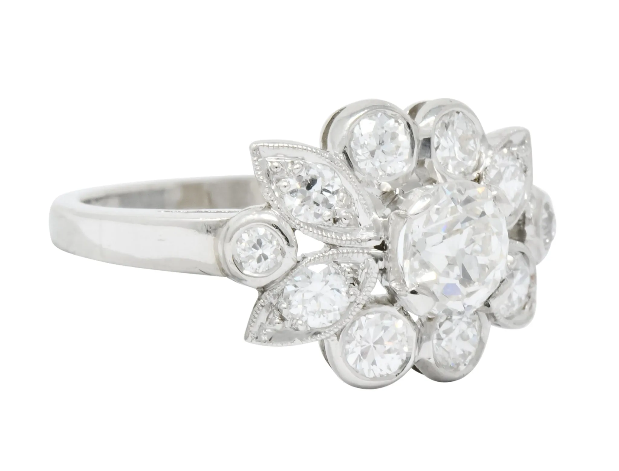 1940's Retro 1.42 CTW Diamond Platinum Foliate Cluster Engagement Ring