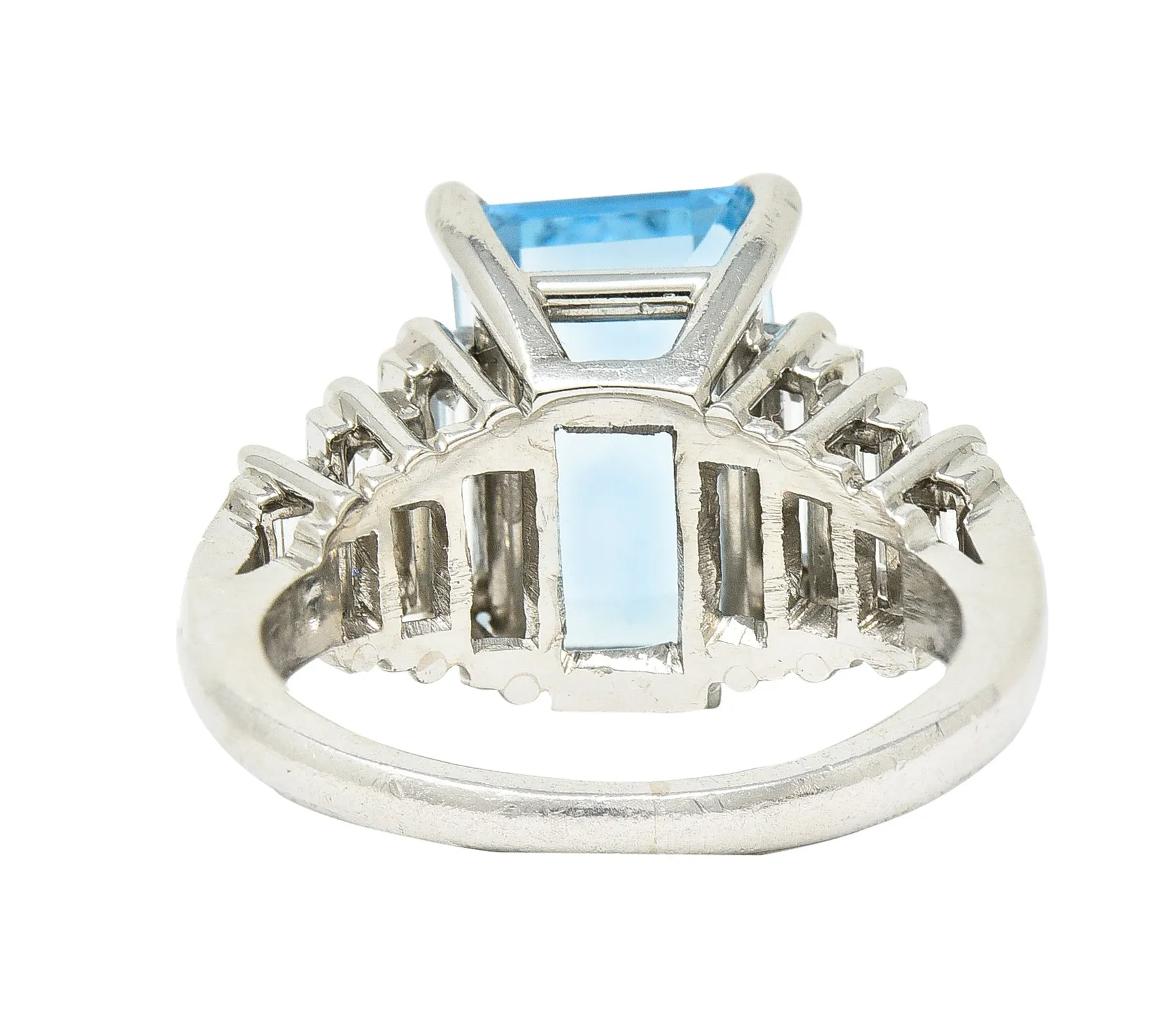 1950's 4.53 CTW Emerald Cut Aquamarine Baguette Cut Diamond Platinum Stepped Vintage Cocktail Ring