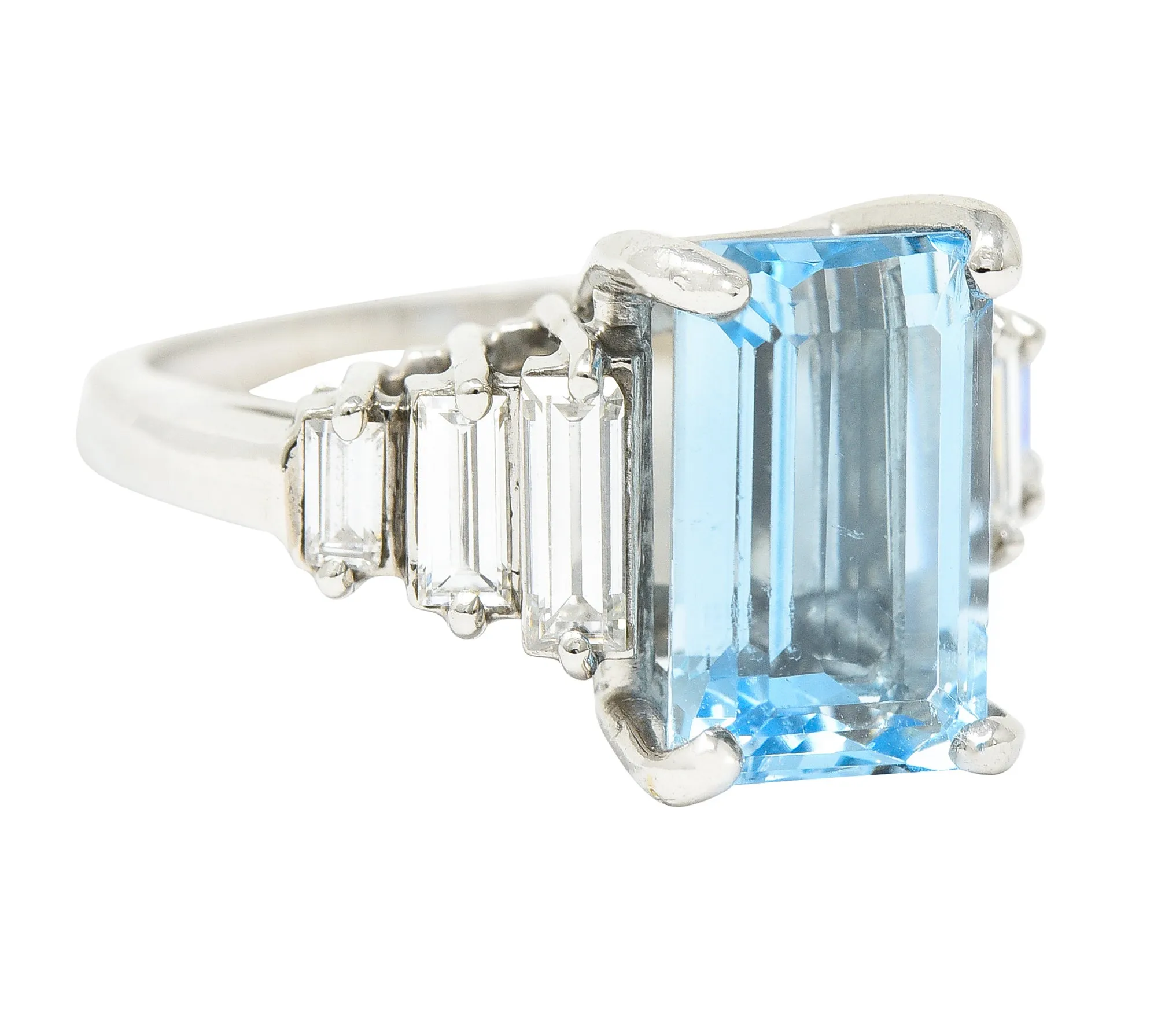 1950's 4.53 CTW Emerald Cut Aquamarine Baguette Cut Diamond Platinum Stepped Vintage Cocktail Ring