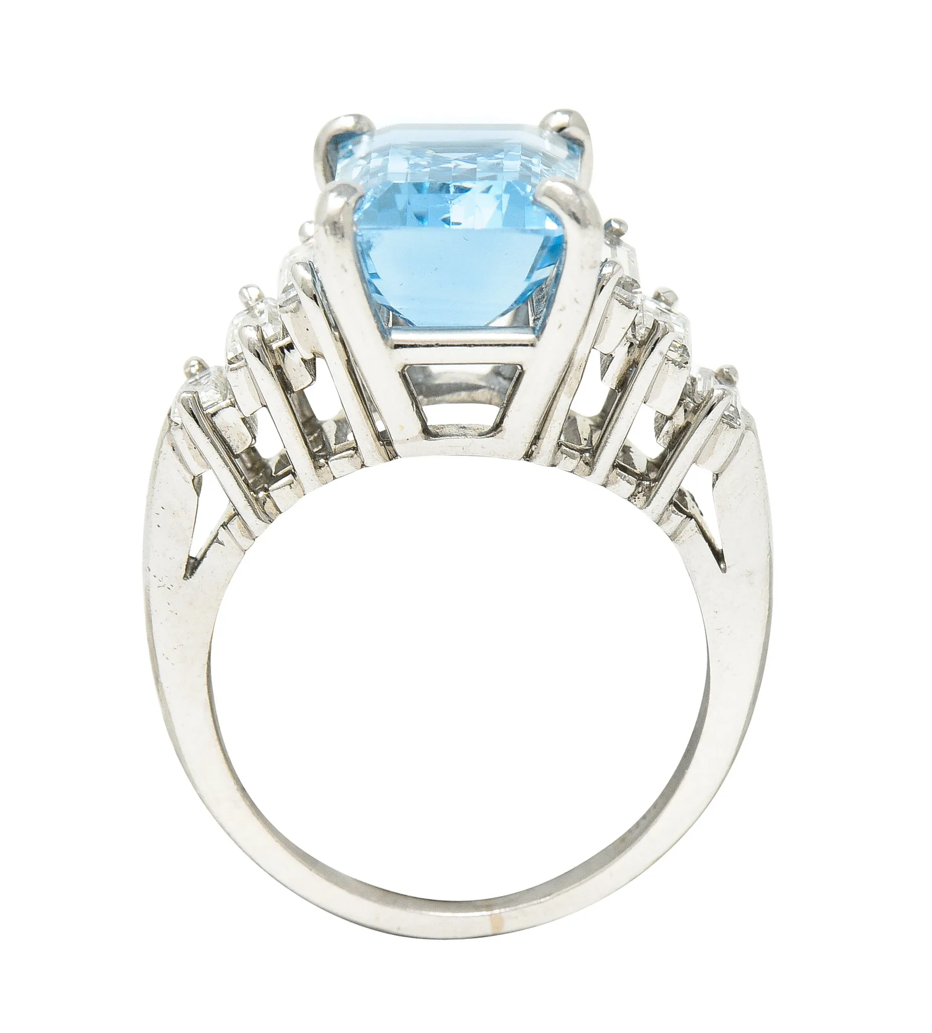 1950's 4.53 CTW Emerald Cut Aquamarine Baguette Cut Diamond Platinum Stepped Vintage Cocktail Ring