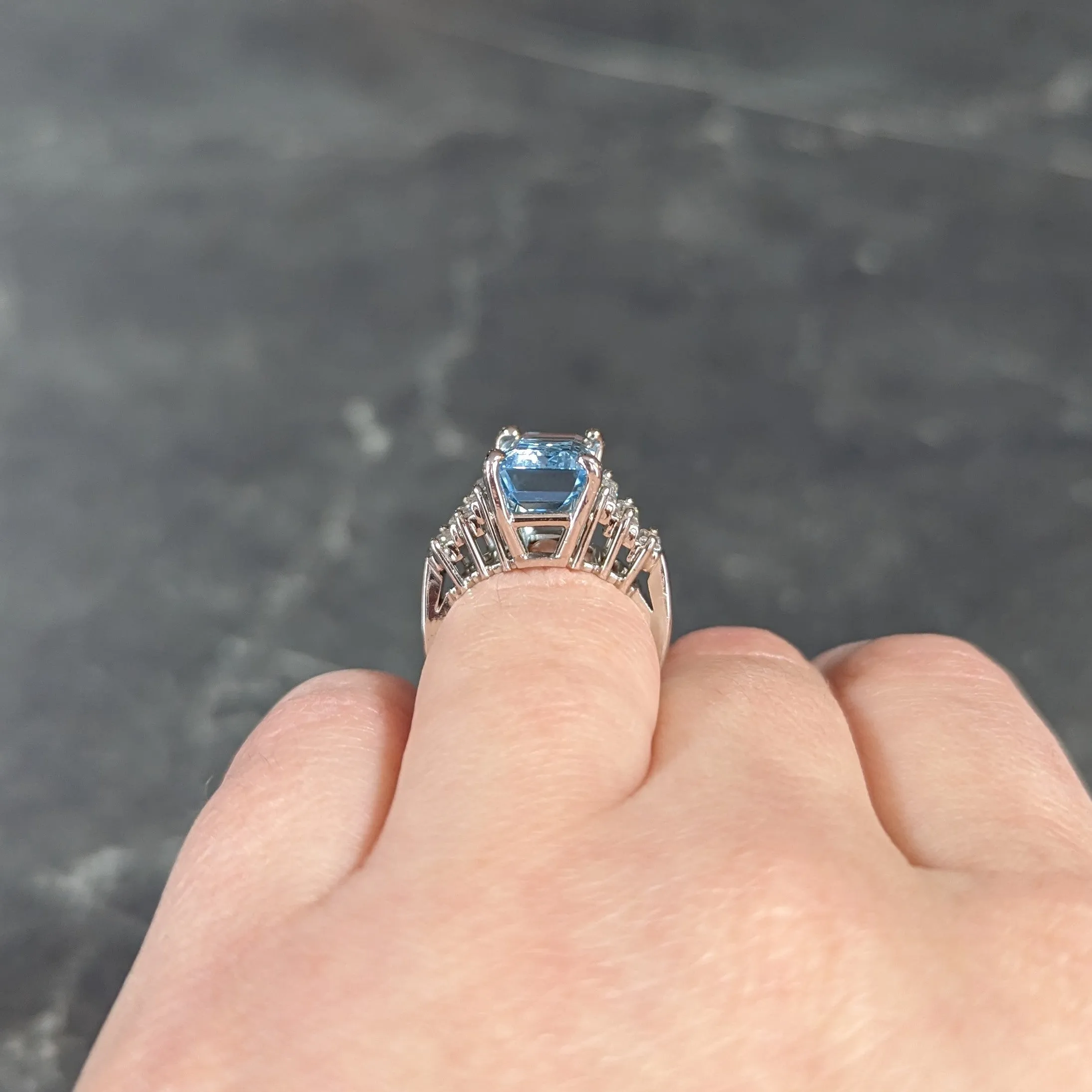 1950's 4.53 CTW Emerald Cut Aquamarine Baguette Cut Diamond Platinum Stepped Vintage Cocktail Ring