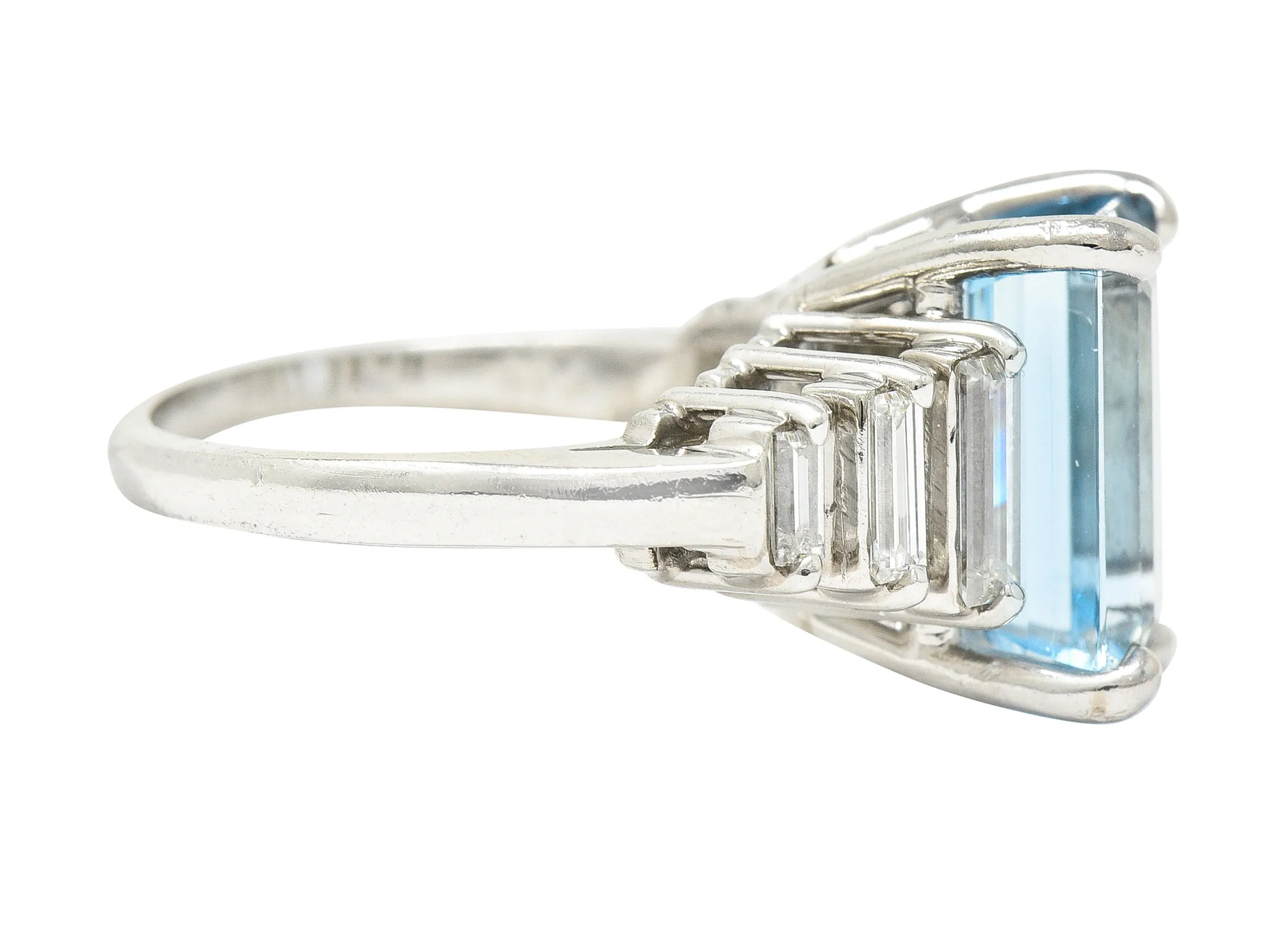 1950's 4.53 CTW Emerald Cut Aquamarine Baguette Cut Diamond Platinum Stepped Vintage Cocktail Ring