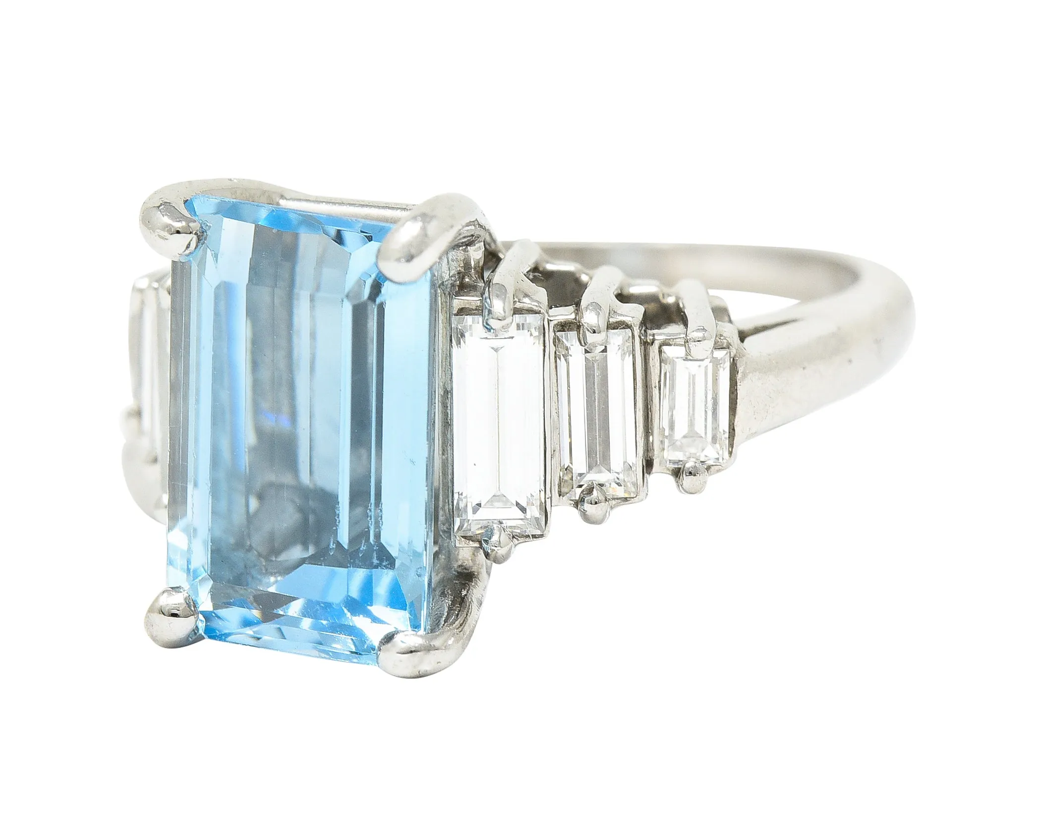 1950's 4.53 CTW Emerald Cut Aquamarine Baguette Cut Diamond Platinum Stepped Vintage Cocktail Ring