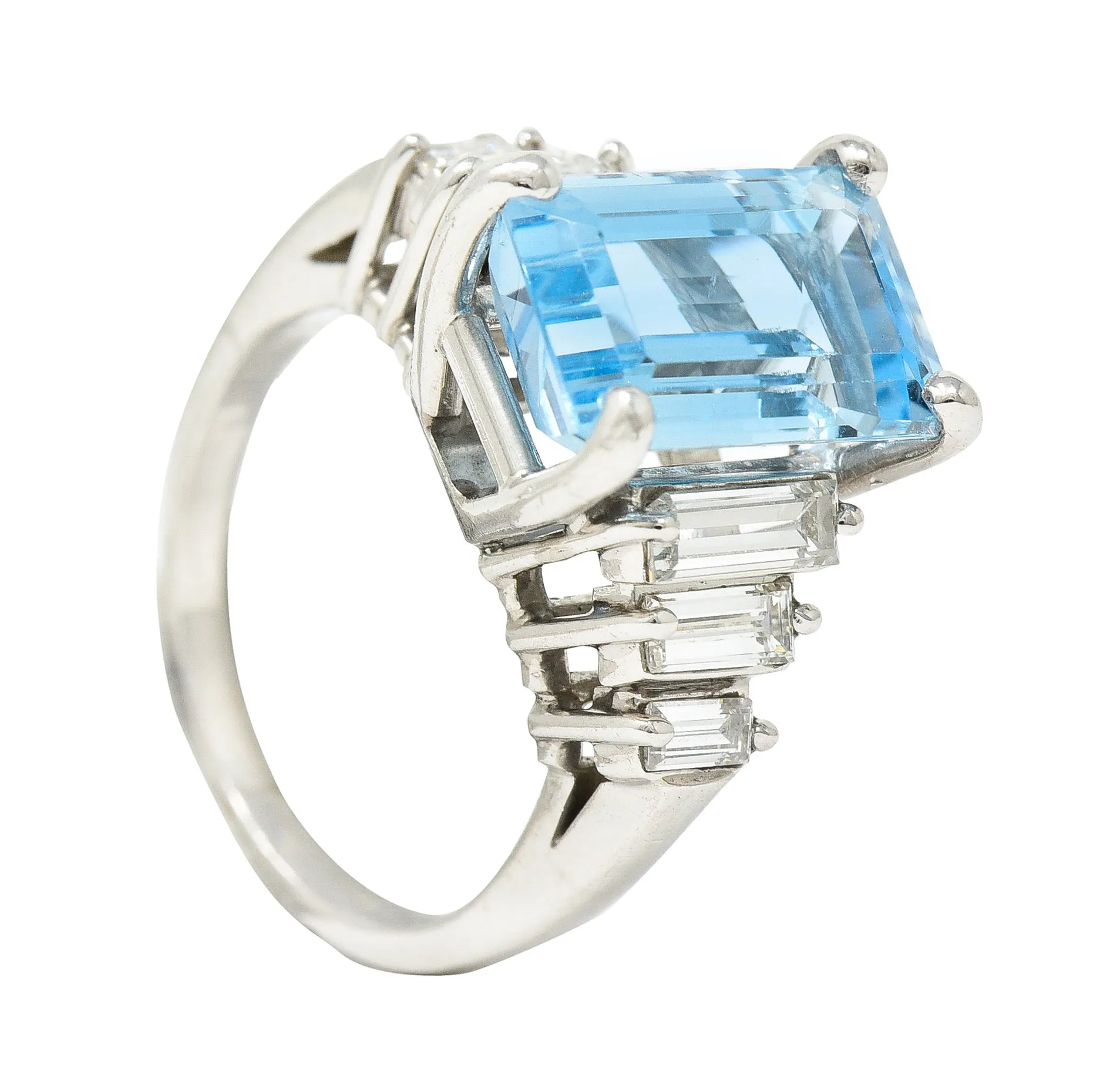1950's 4.53 CTW Emerald Cut Aquamarine Baguette Cut Diamond Platinum Stepped Vintage Cocktail Ring