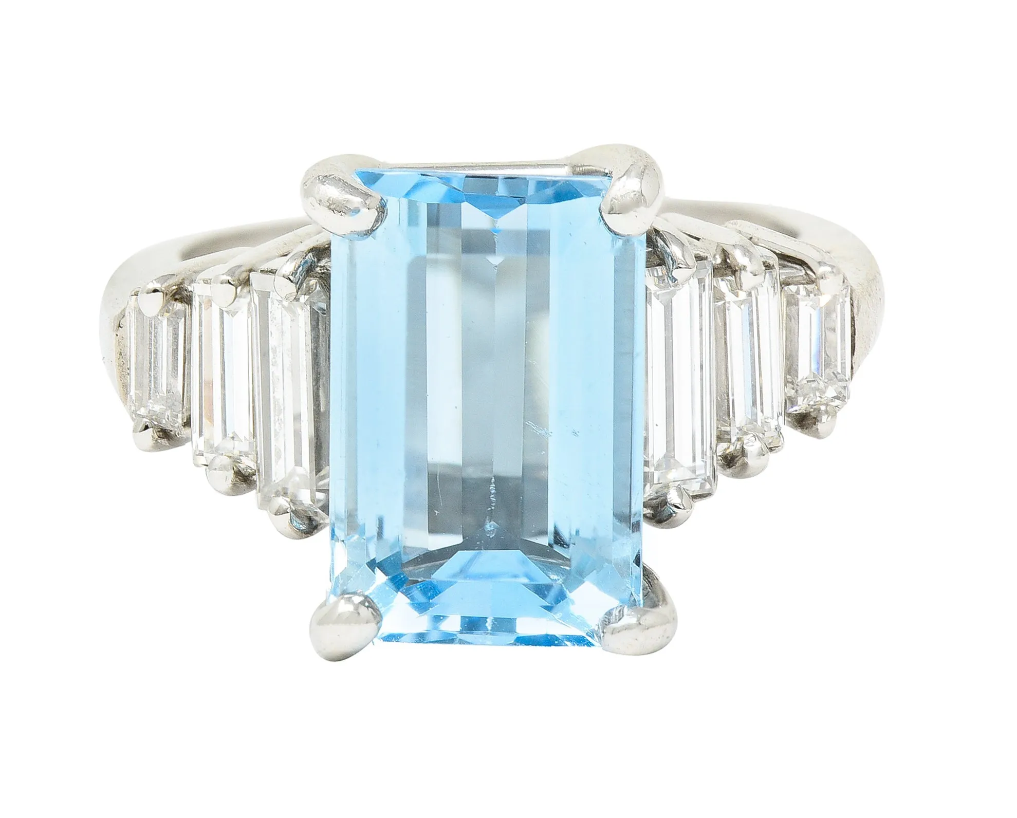 1950's 4.53 CTW Emerald Cut Aquamarine Baguette Cut Diamond Platinum Stepped Vintage Cocktail Ring