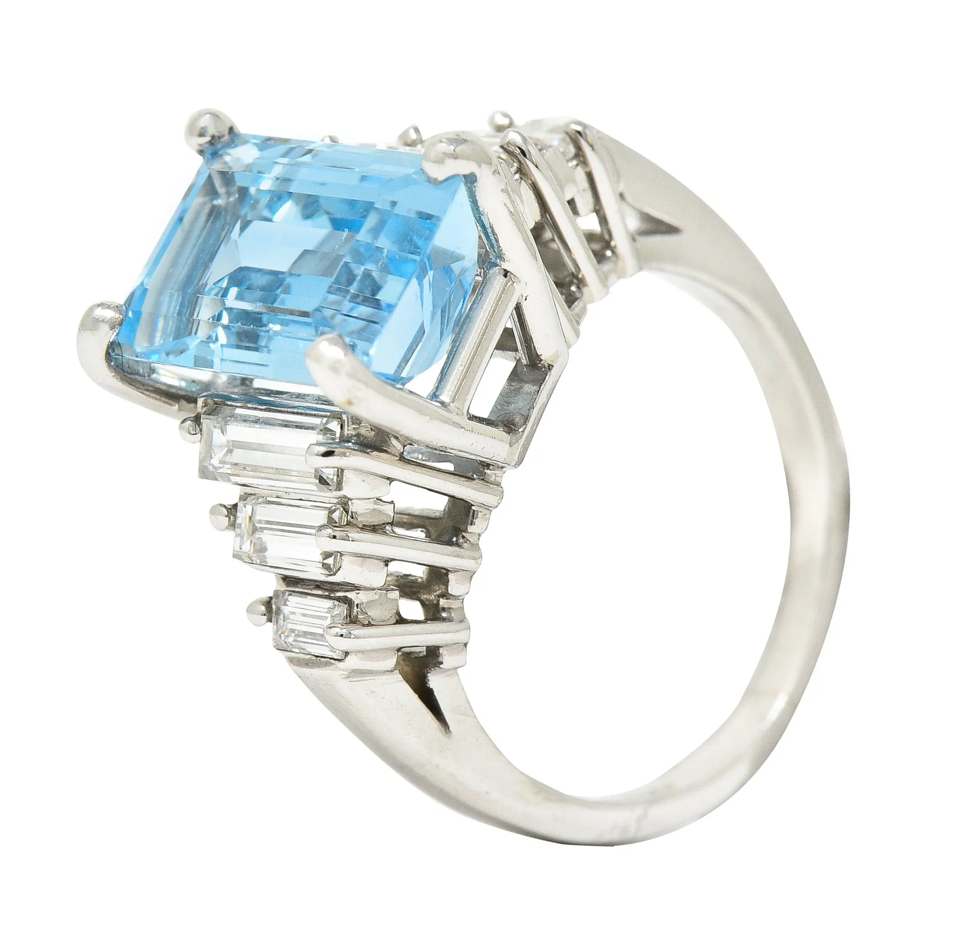 1950's 4.53 CTW Emerald Cut Aquamarine Baguette Cut Diamond Platinum Stepped Vintage Cocktail Ring