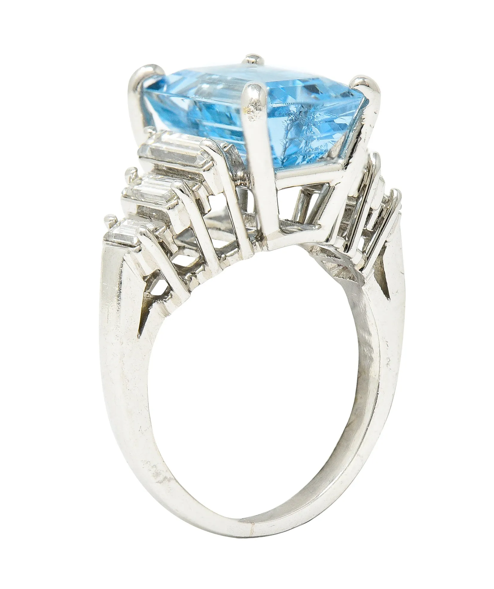1950's 4.53 CTW Emerald Cut Aquamarine Baguette Cut Diamond Platinum Stepped Vintage Cocktail Ring