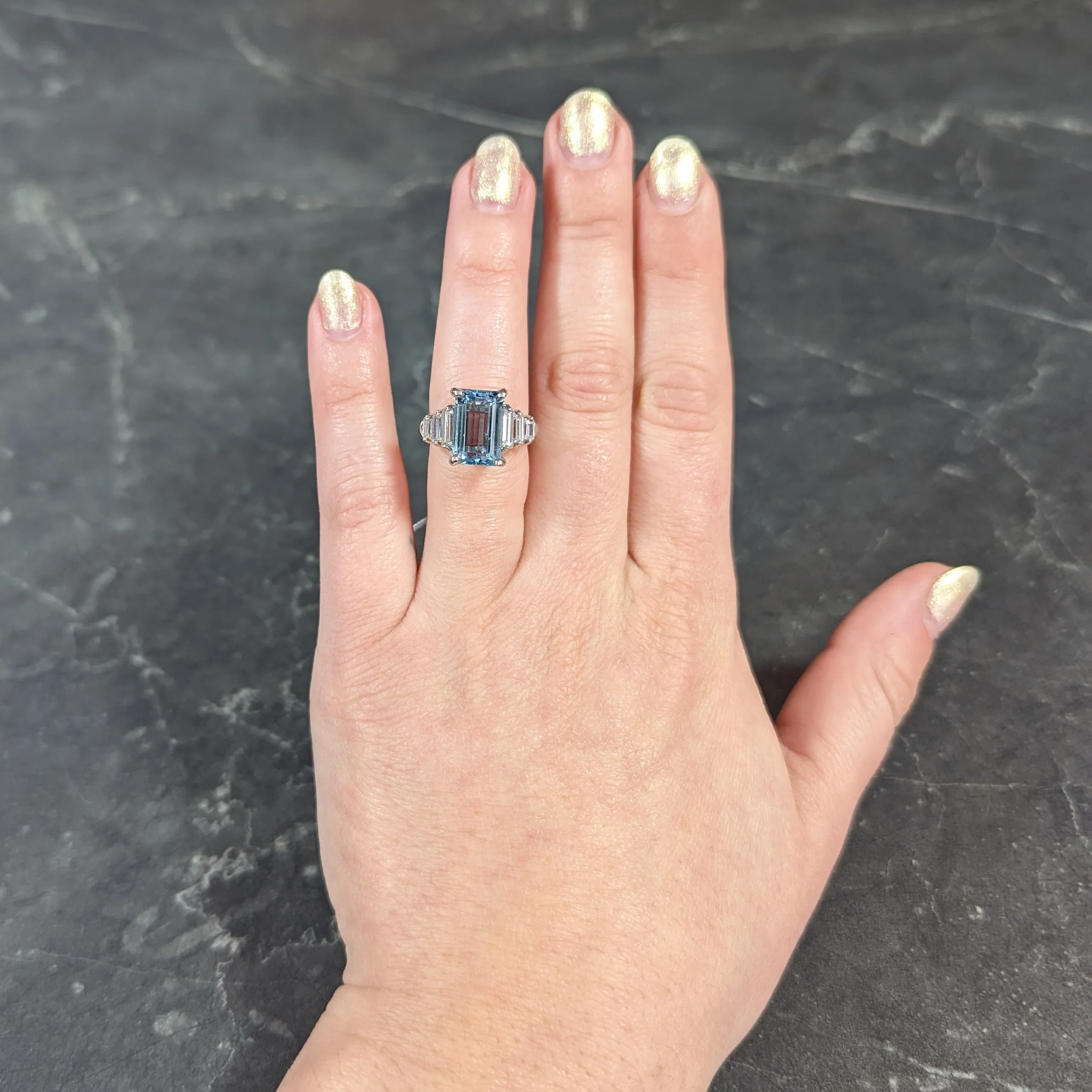 1950's 4.53 CTW Emerald Cut Aquamarine Baguette Cut Diamond Platinum Stepped Vintage Cocktail Ring