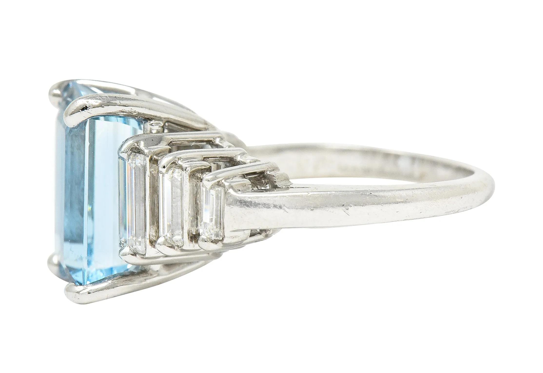1950's 4.53 CTW Emerald Cut Aquamarine Baguette Cut Diamond Platinum Stepped Vintage Cocktail Ring