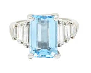 1950's 4.53 CTW Emerald Cut Aquamarine Baguette Cut Diamond Platinum Stepped Vintage Cocktail Ring