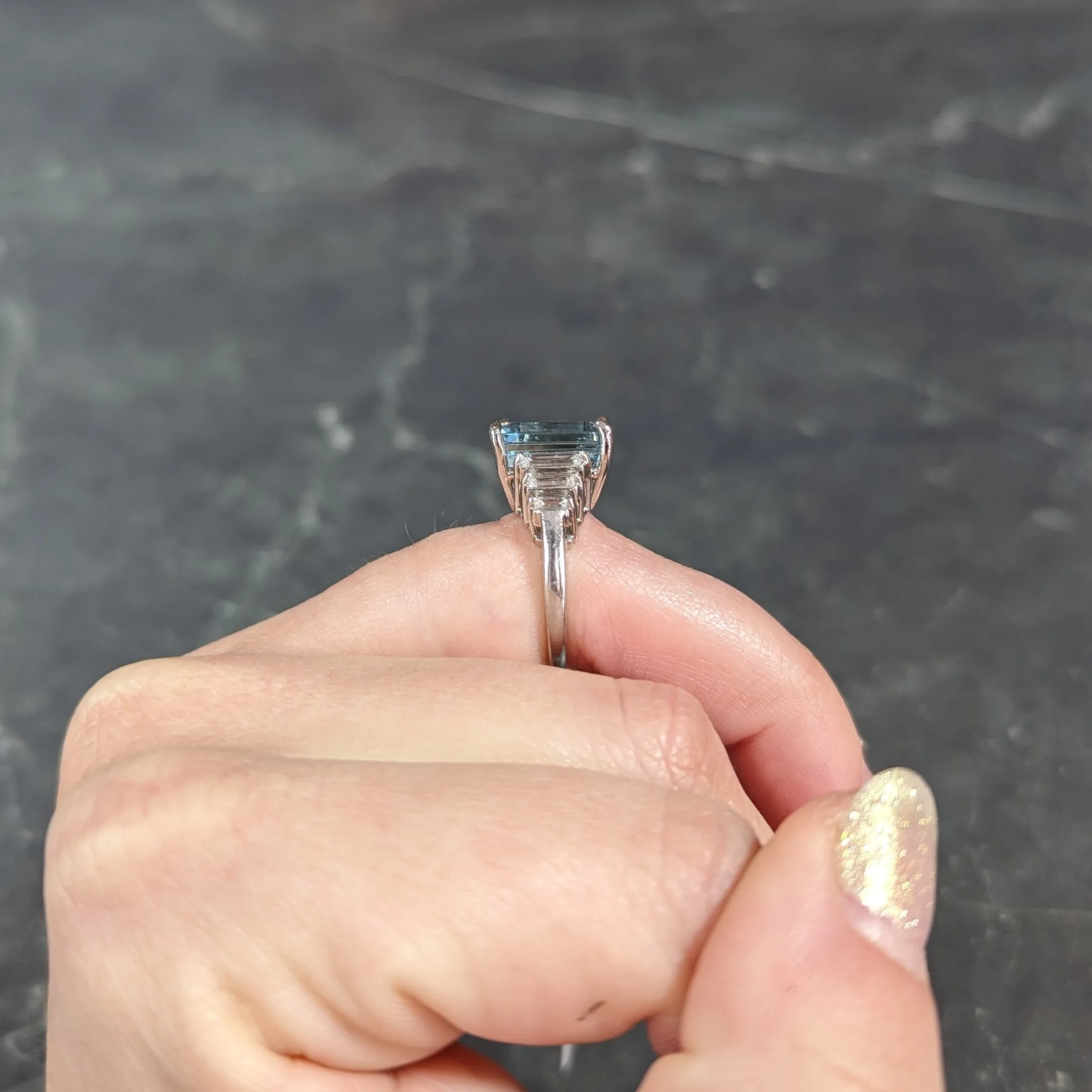 1950's 4.53 CTW Emerald Cut Aquamarine Baguette Cut Diamond Platinum Stepped Vintage Cocktail Ring