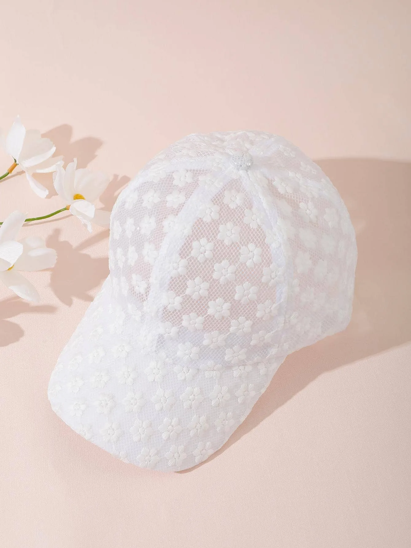 1pc White Embroidery Hollow Out Mesh Baseball Cap- FD ⚡