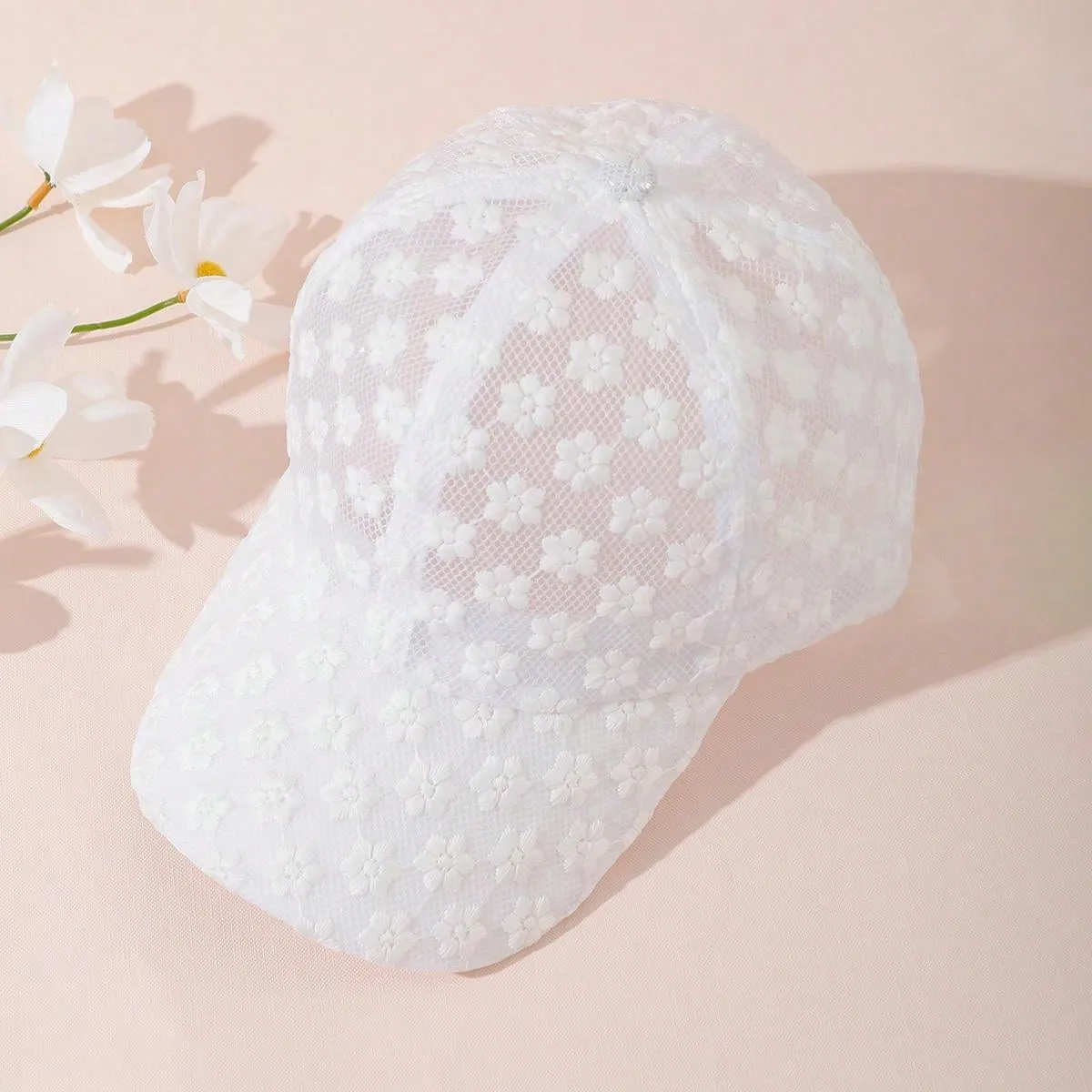 1pc White Embroidery Hollow Out Mesh Baseball Cap- FD ⚡