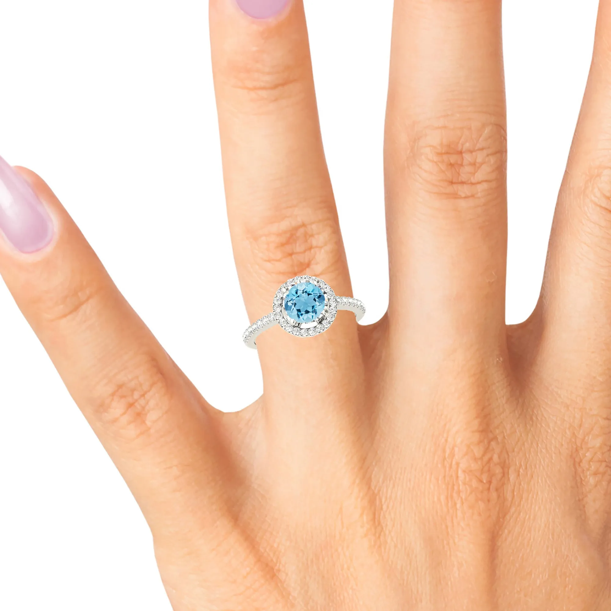 2.00 ct. Genuine Aquamarine Ring With Halo, Delicate Diamond Band