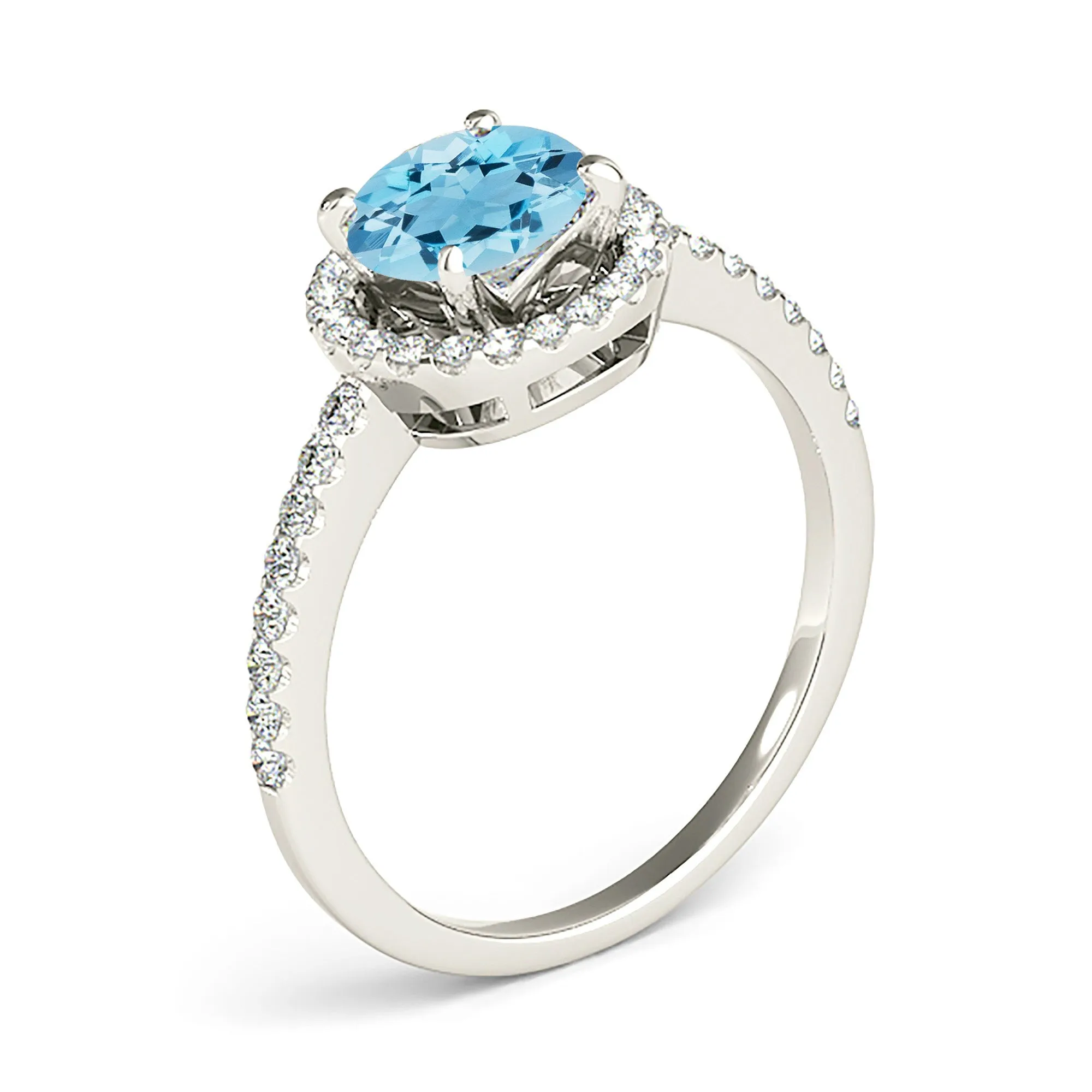2.00 ct. Genuine Aquamarine Ring With Halo, Delicate Diamond Band