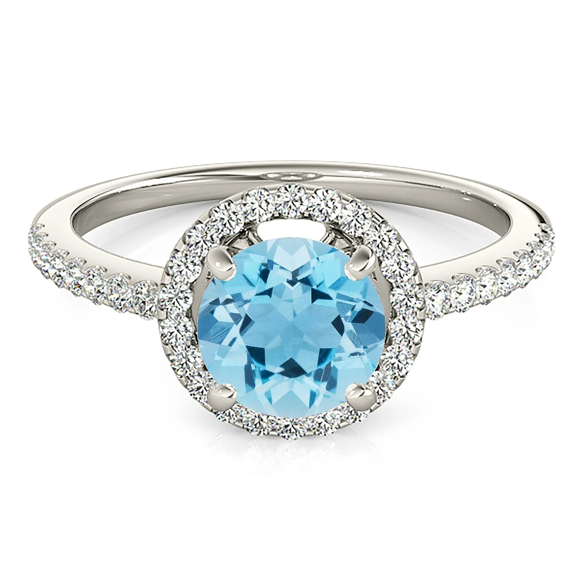 2.00 ct. Genuine Aquamarine Ring With Halo, Delicate Diamond Band