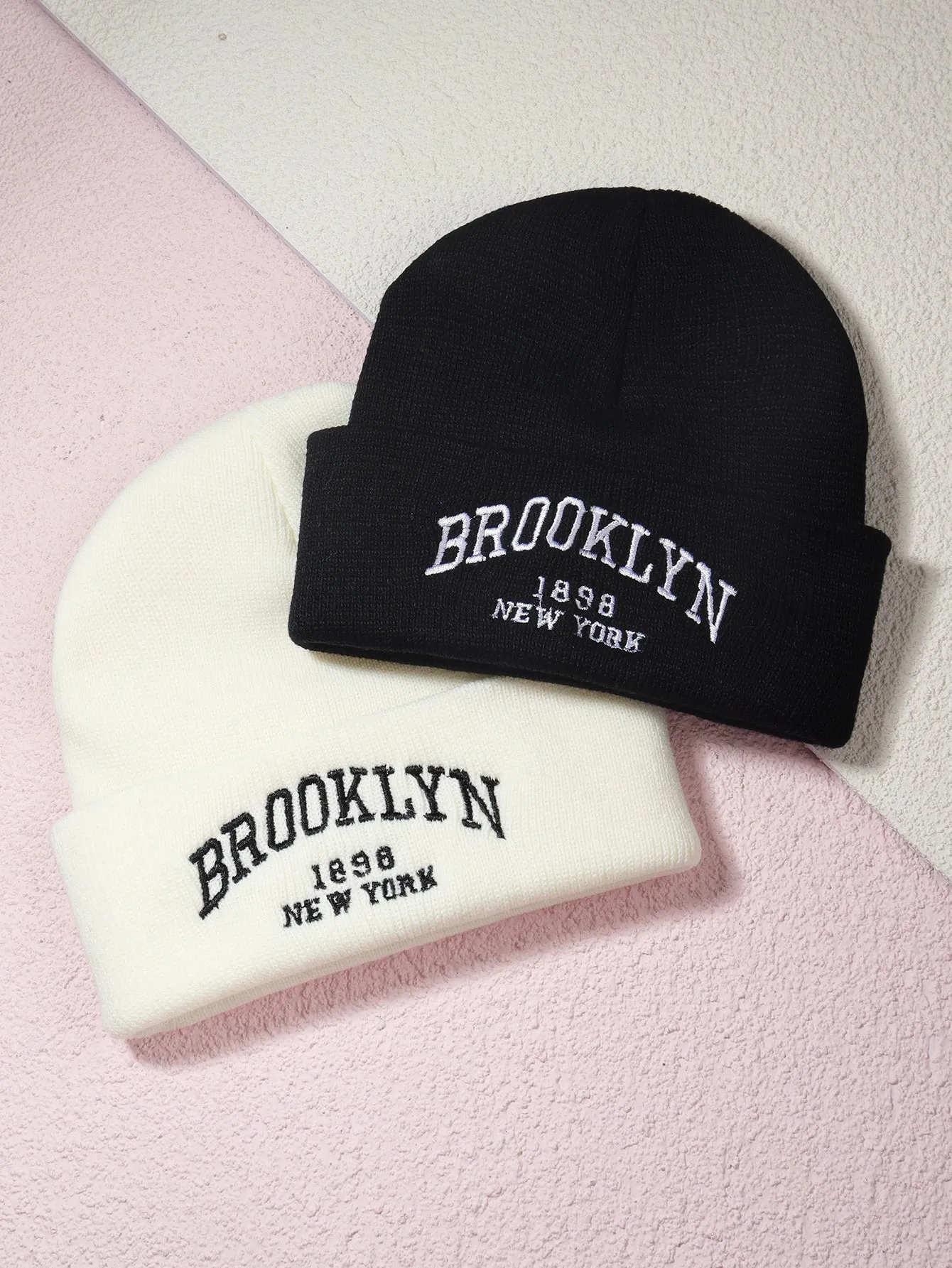 2pcs Letter Embroidered Beanie - Black and White