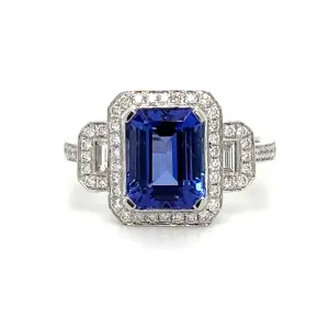 3.26carat Tanzanite Emerald Cut Center Three Stone Diamond Ring