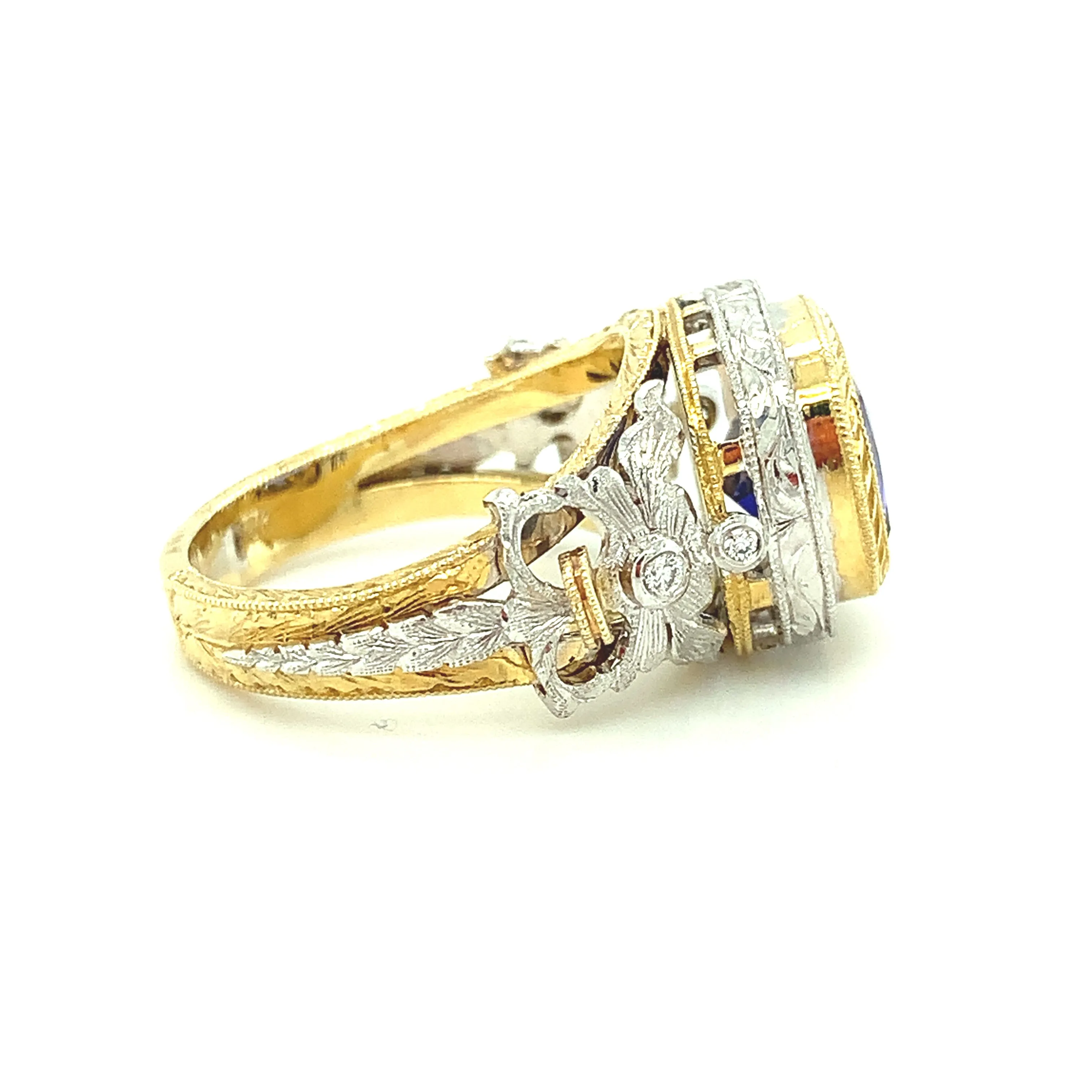 4.04 Carat Tanzanite and Diamond Handmade Ring in 18k White and Yellow Gold