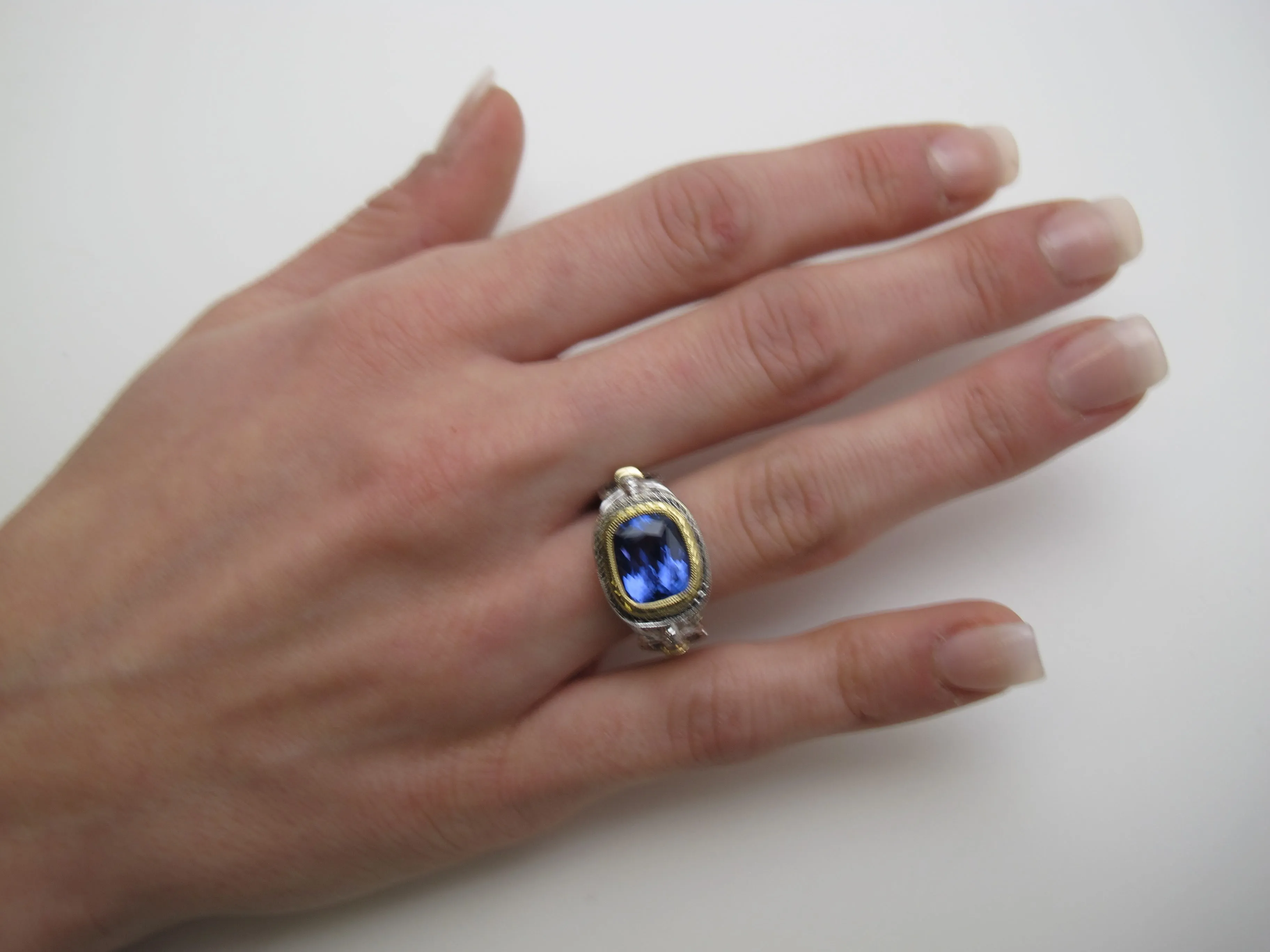 4.04 Carat Tanzanite and Diamond Handmade Ring in 18k White and Yellow Gold