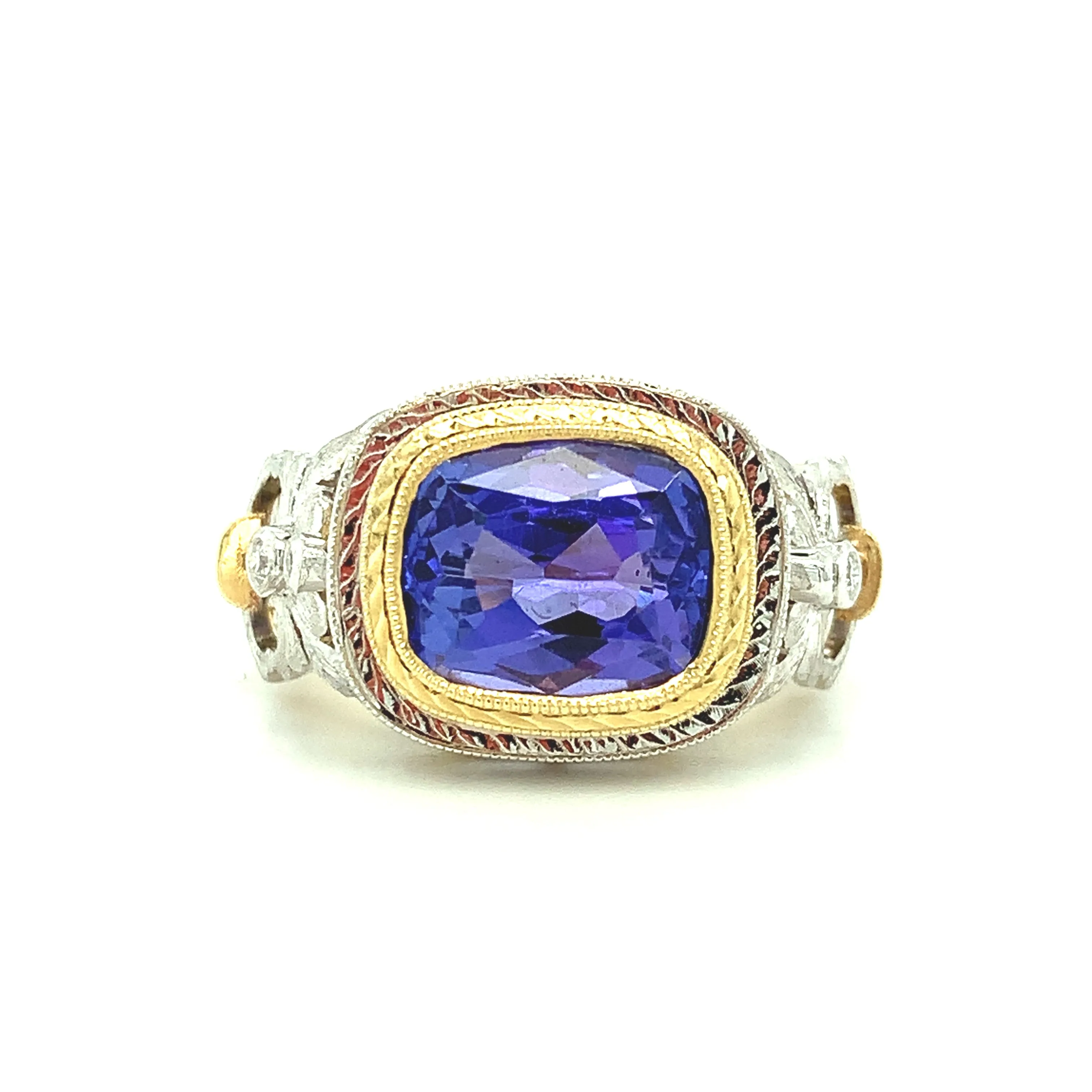 4.04 Carat Tanzanite and Diamond Handmade Ring in 18k White and Yellow Gold