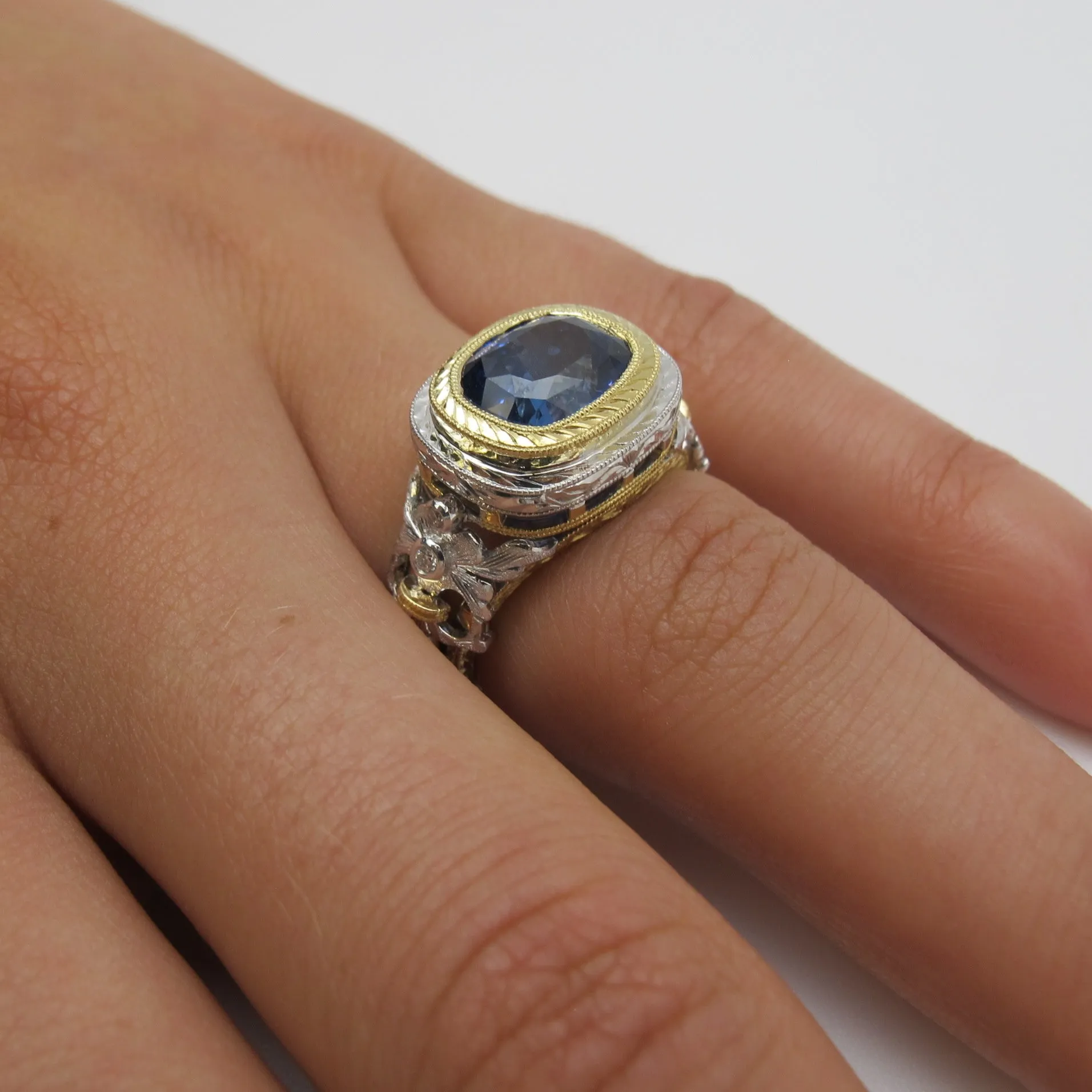 4.04 Carat Tanzanite and Diamond Handmade Ring in 18k White and Yellow Gold