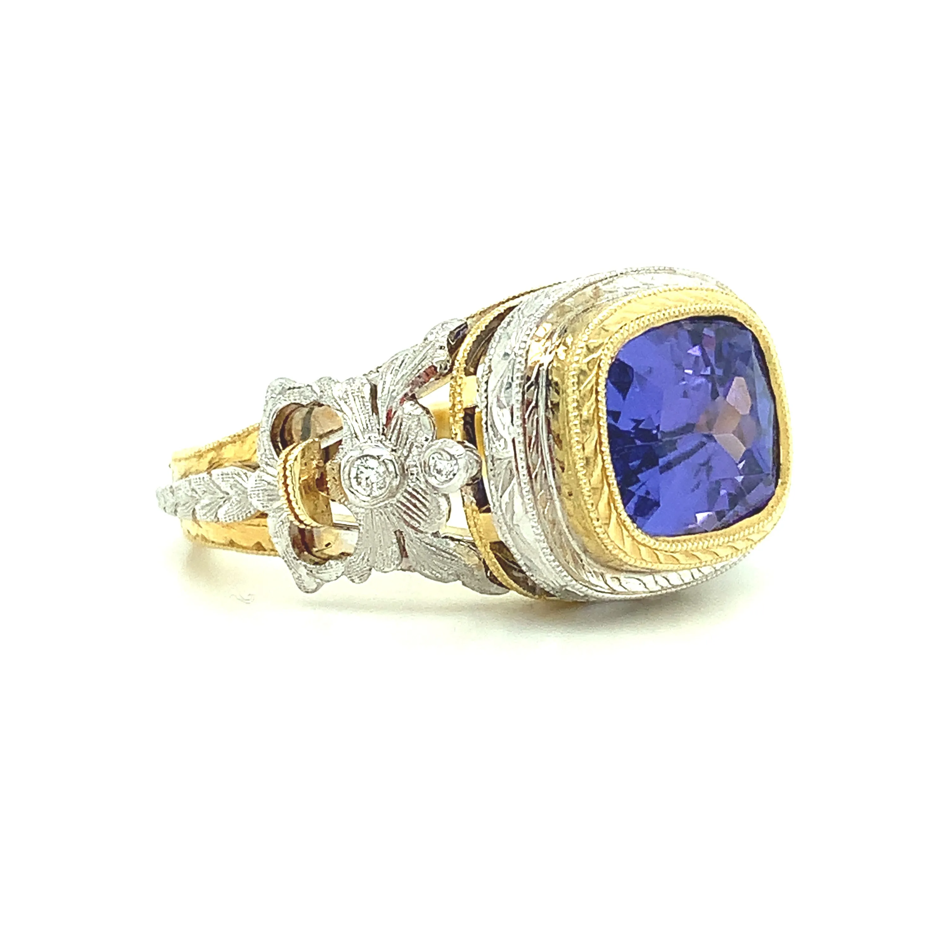 4.04 Carat Tanzanite and Diamond Handmade Ring in 18k White and Yellow Gold