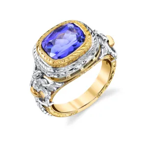 4.04 Carat Tanzanite and Diamond Handmade Ring in 18k White and Yellow Gold