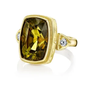 6.75 Carat Tourmaline Cushion & Diamond Handmade Yellow Gold Engraved Bezel Ring