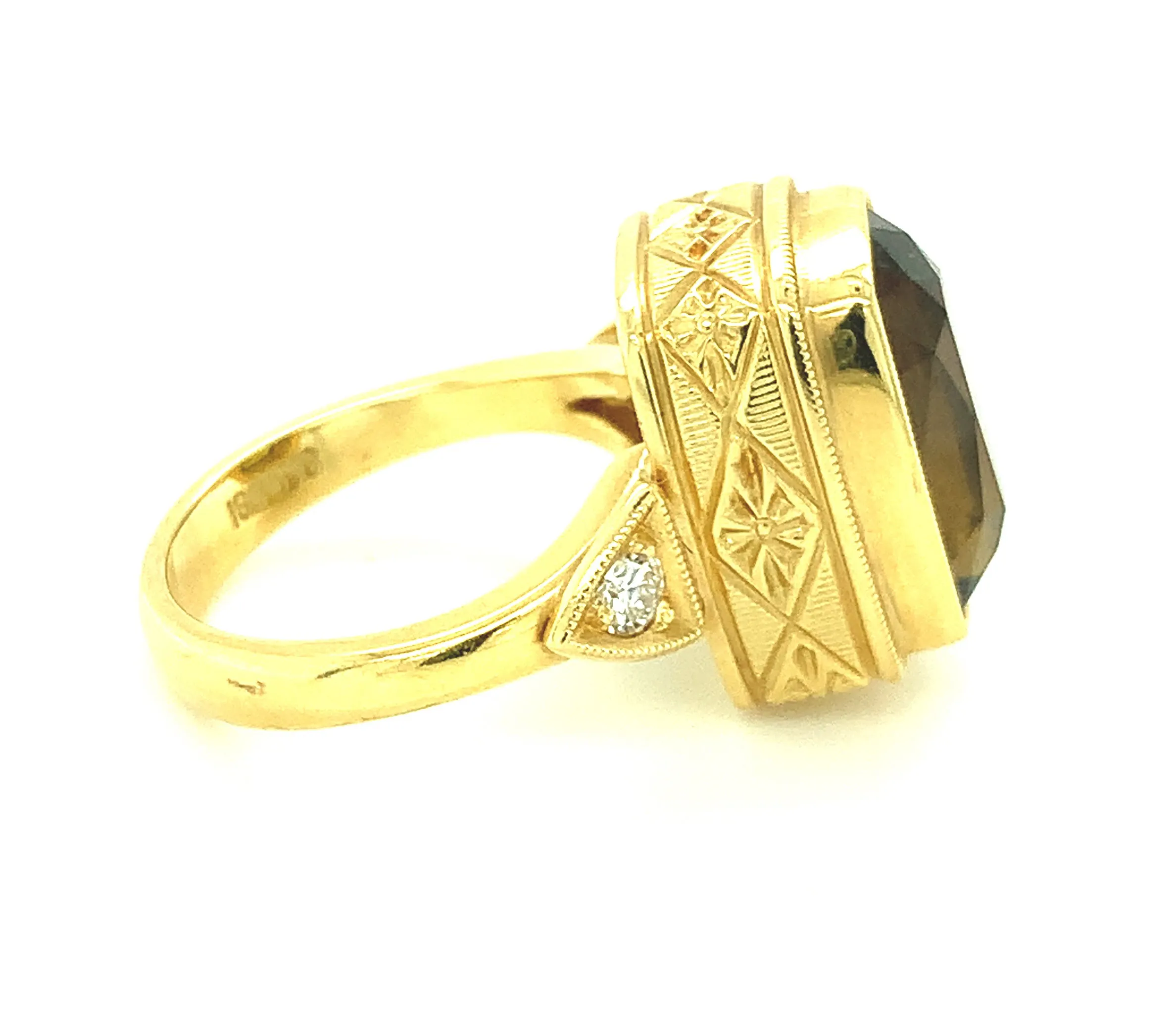 6.75 Carat Tourmaline Cushion & Diamond Handmade Yellow Gold Engraved Bezel Ring