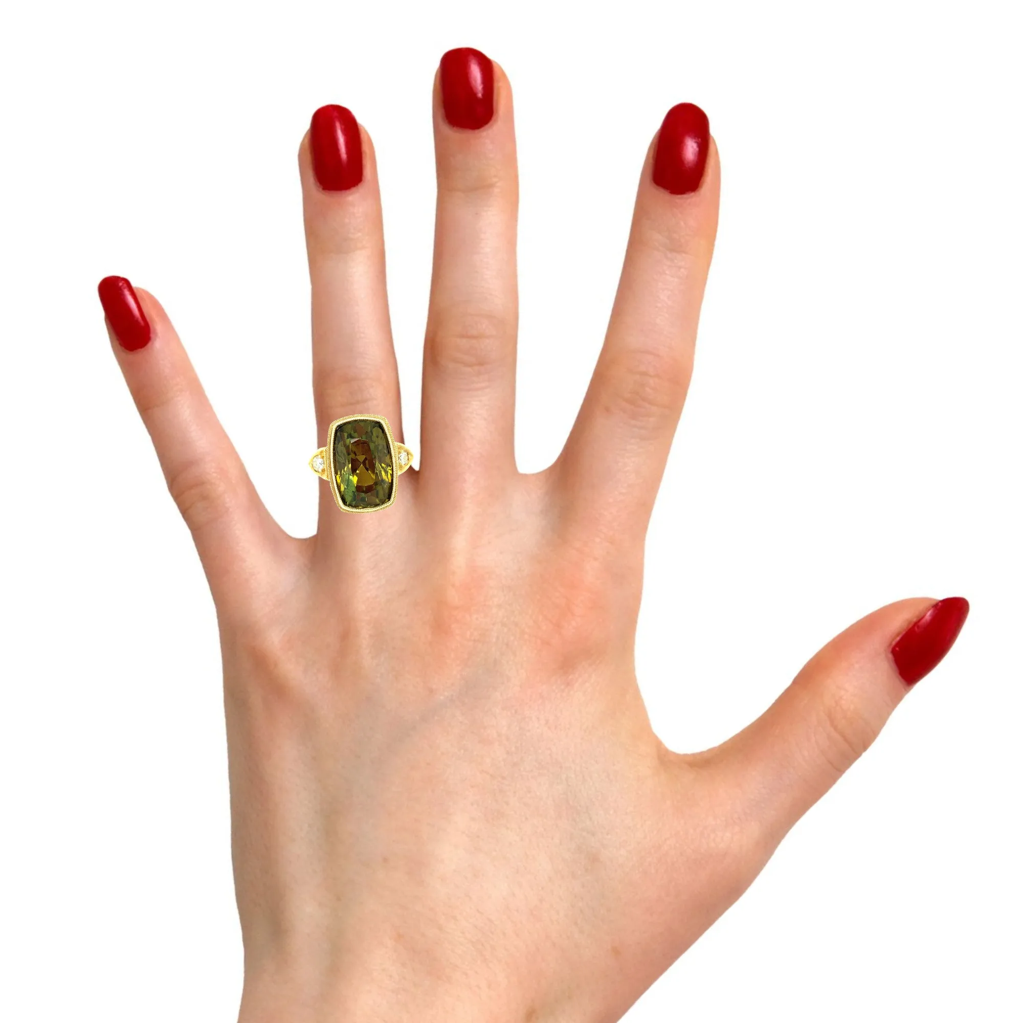 6.75 Carat Tourmaline Cushion & Diamond Handmade Yellow Gold Engraved Bezel Ring