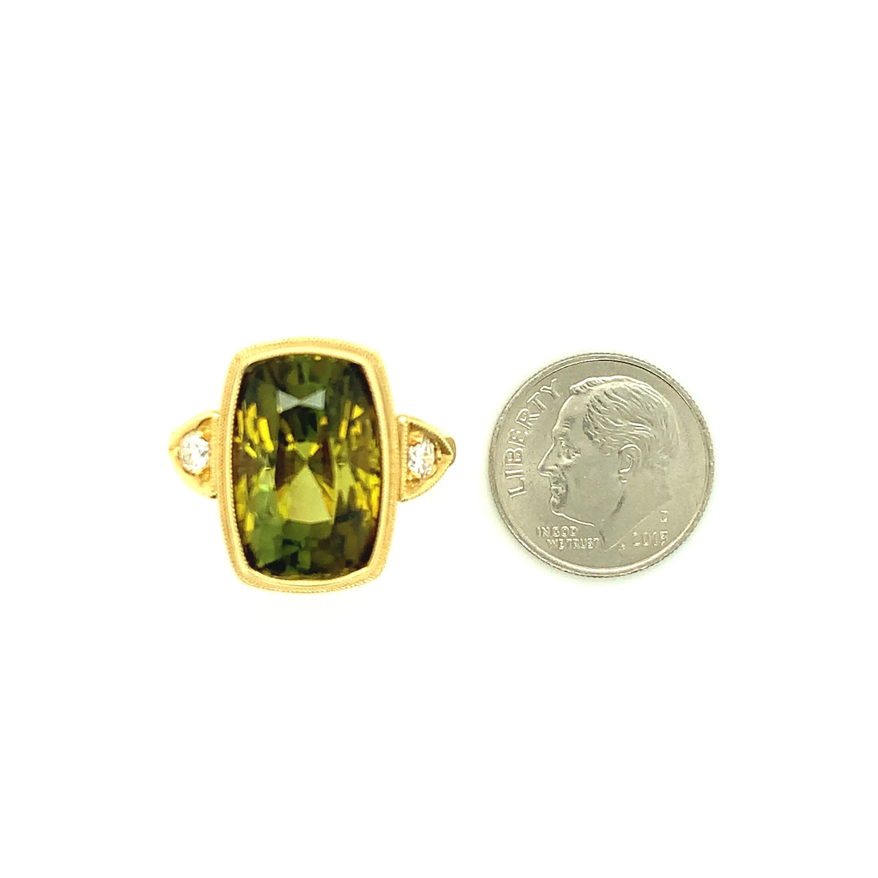 6.75 Carat Tourmaline Cushion & Diamond Handmade Yellow Gold Engraved Bezel Ring