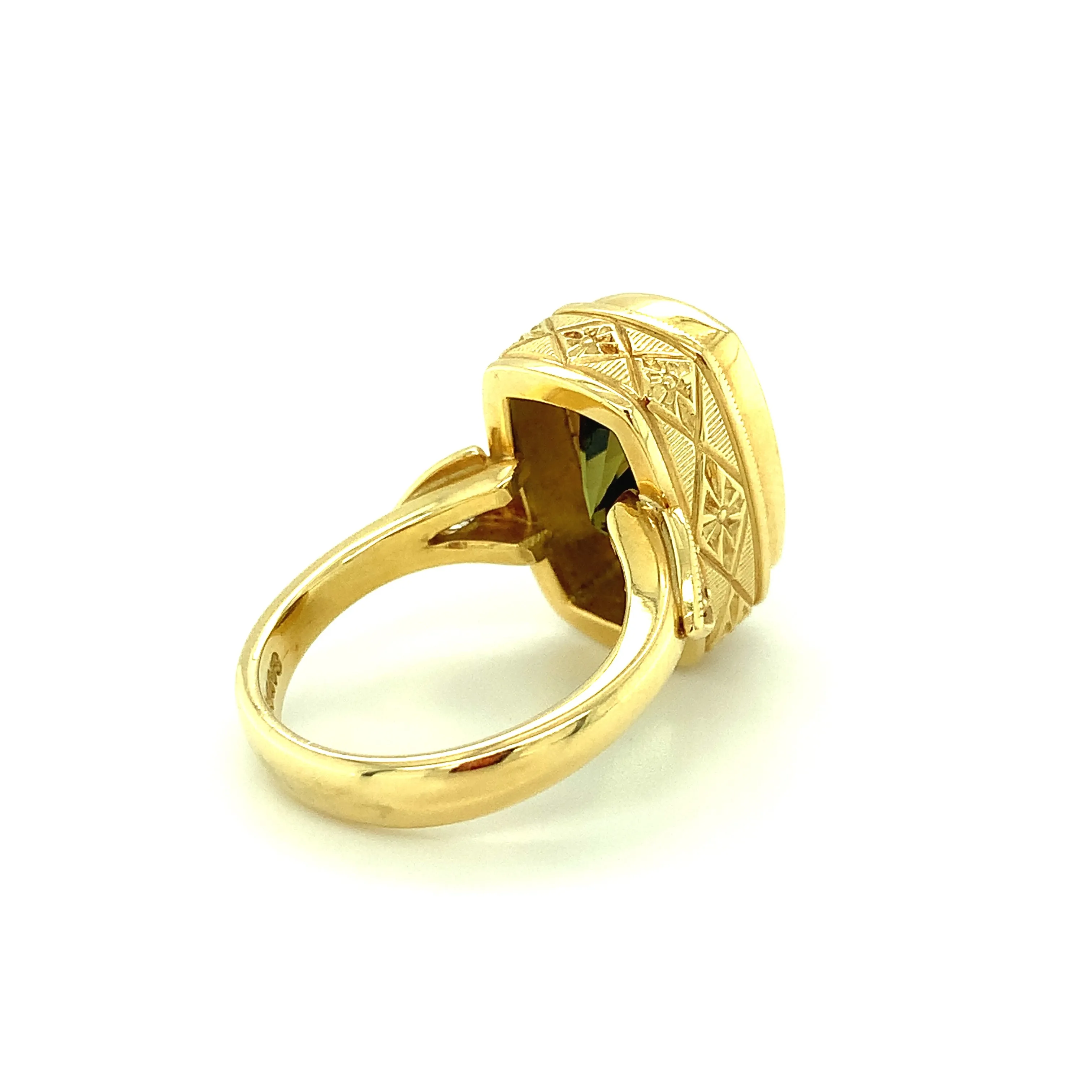 6.75 Carat Tourmaline Cushion & Diamond Handmade Yellow Gold Engraved Bezel Ring