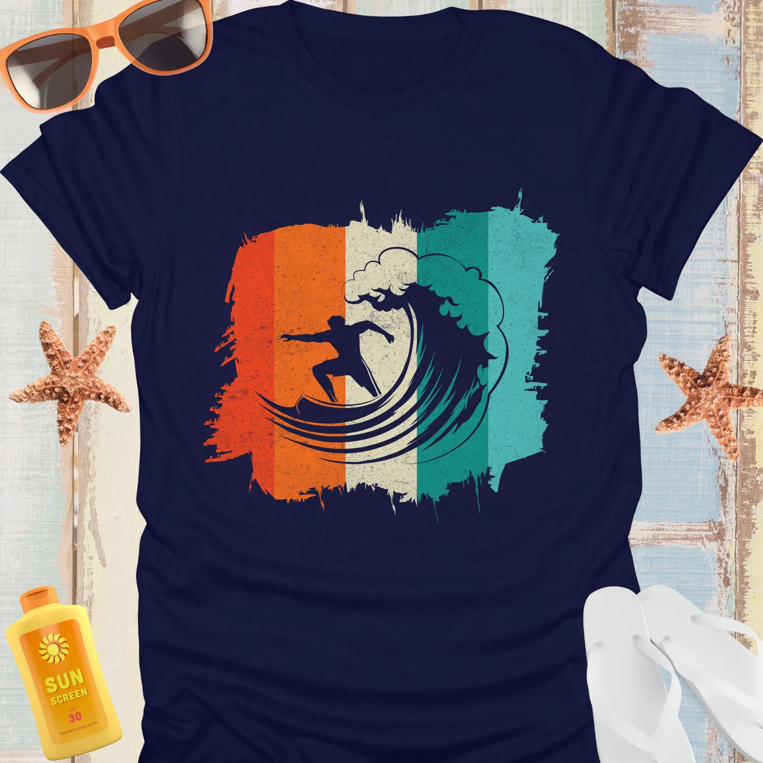 70S Inspired Surf Tshirt Vintage Wave Design Teal