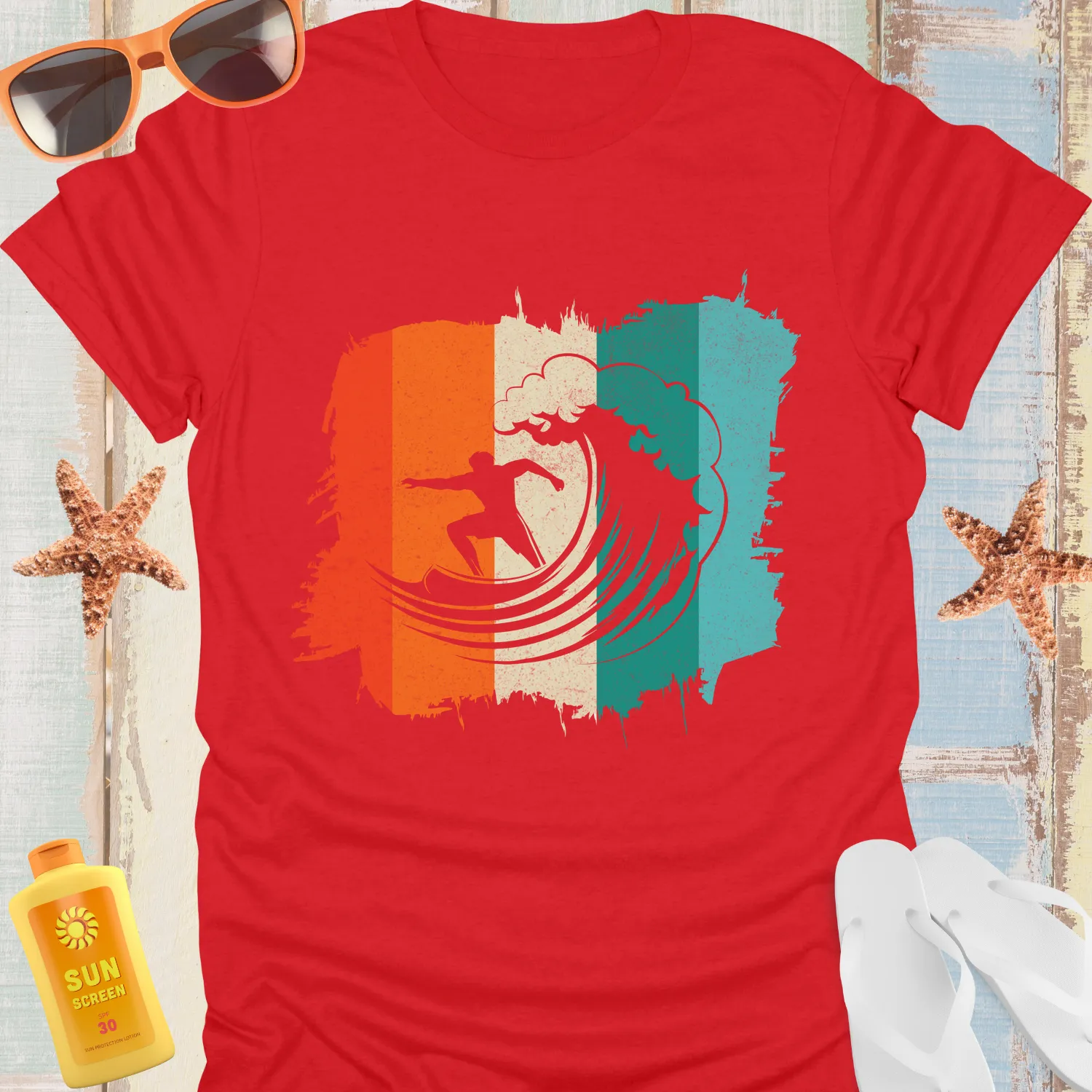 70S Inspired Surf Tshirt Vintage Wave Design Teal