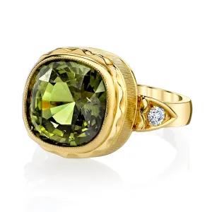 8.16 Carat Chrysoberyl and Diamond Ring, Hand-Engraved 18k Yellow Gold